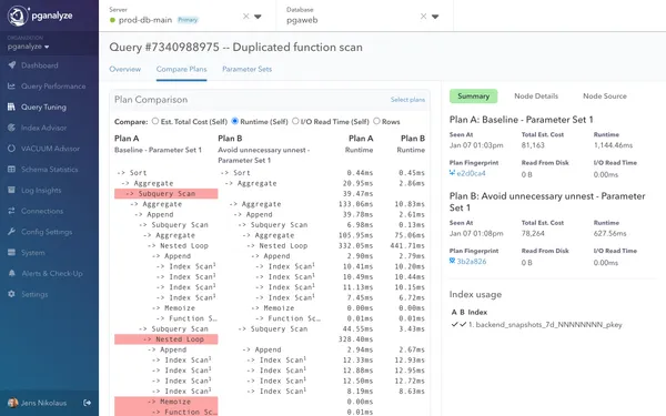 Screenshot of pganalyze Workbooks plan comparison
