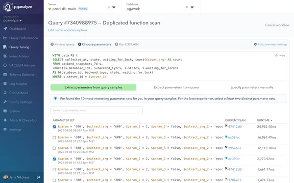 Screenshot of pganalyze Workbooks parameter sets selection