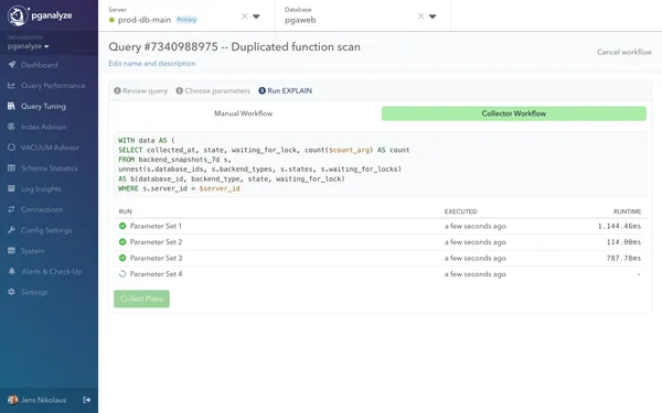 Screenshot of pganalyze Workbooks collector run