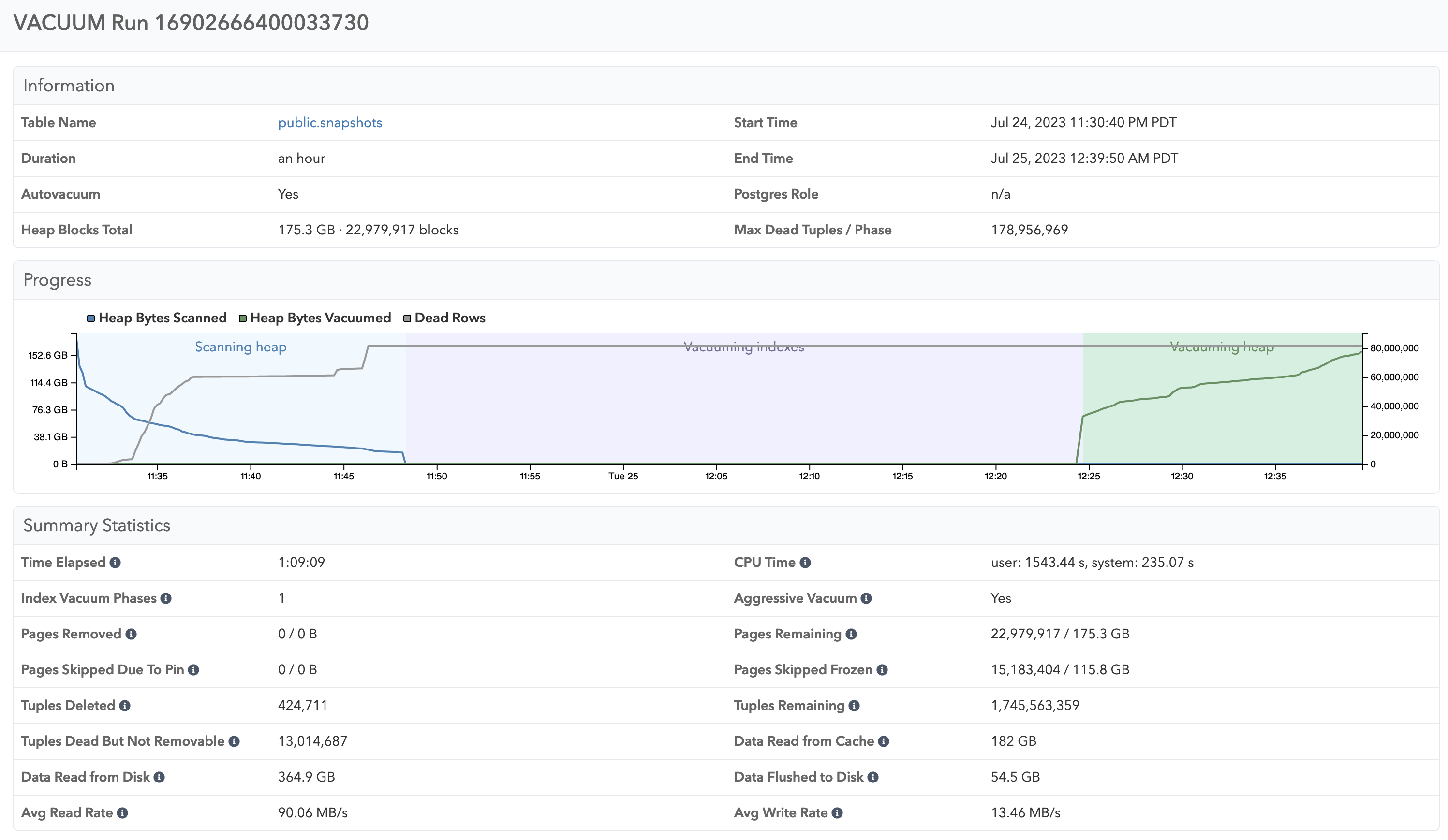 VACUUM Advisor Activity details for a VACUUM run