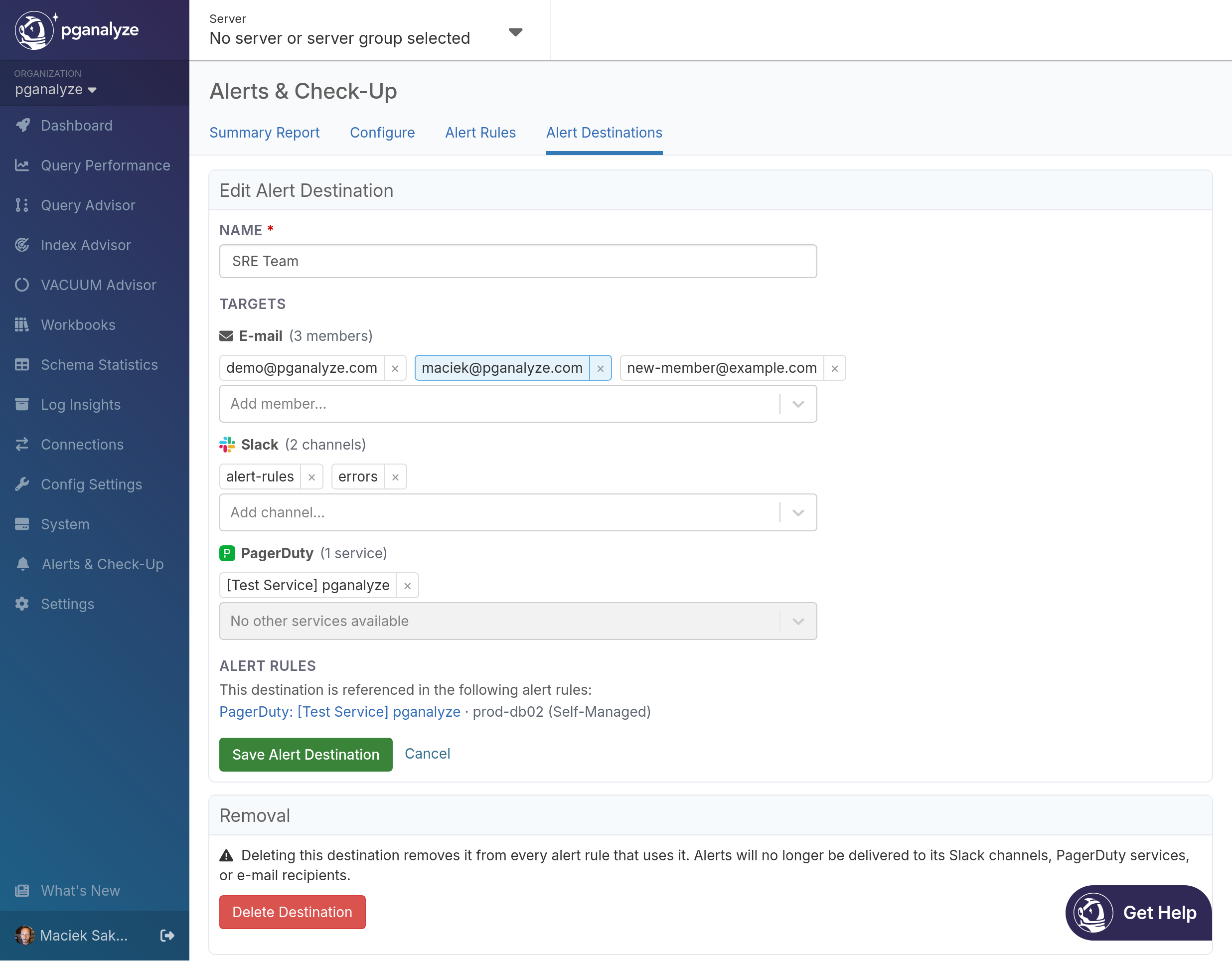 Screenshot of the Alert Destination editor, with targets grouped into E-mail, Slack, and PagerDuty