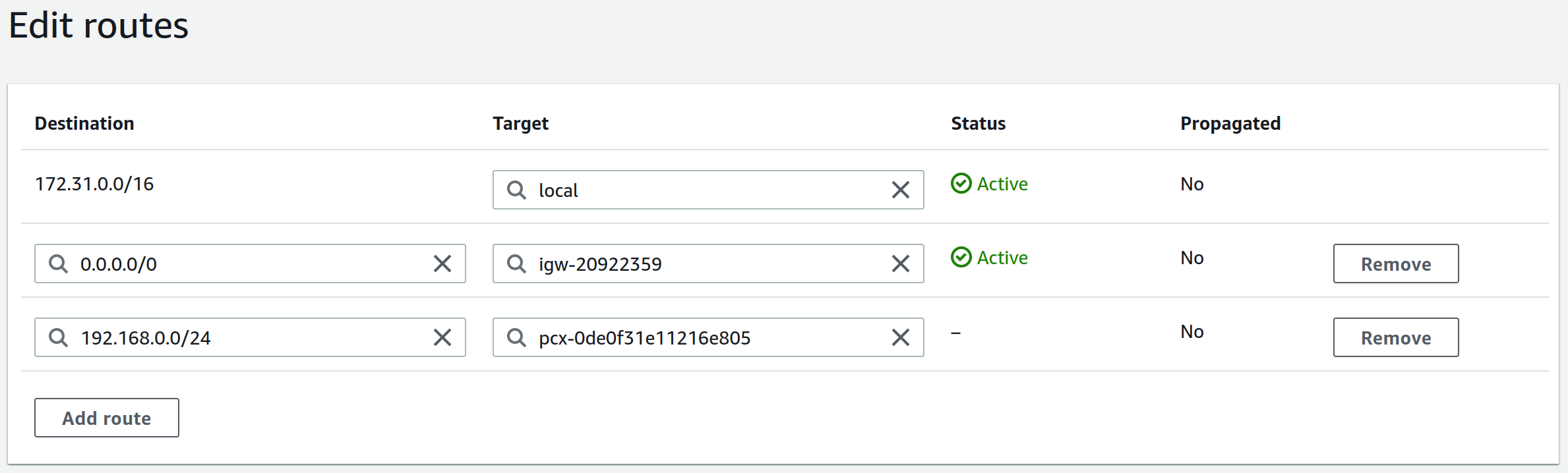 Editing AWS VPC route table