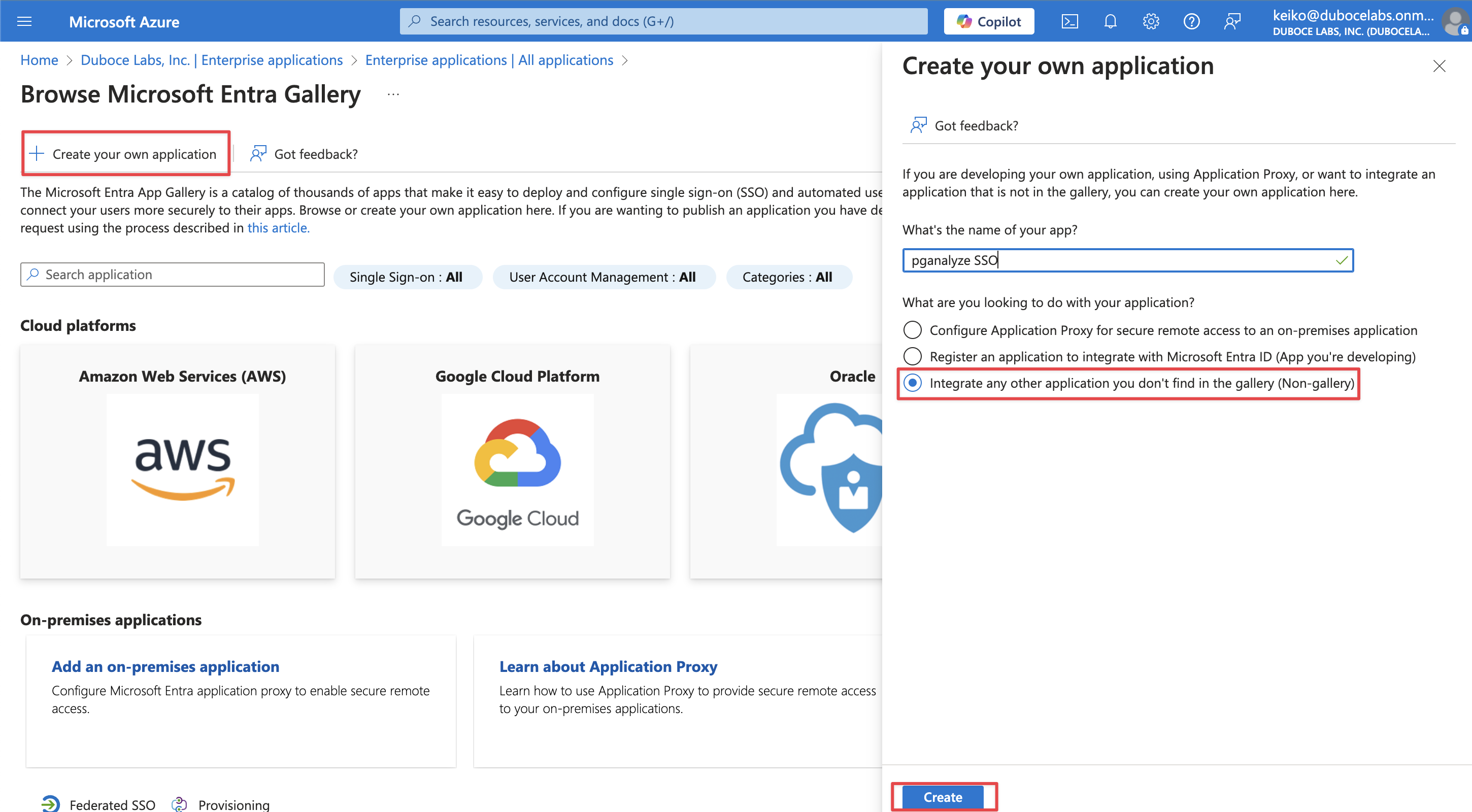 Screenshot of Microsoft Azure portal showing Create your own application page