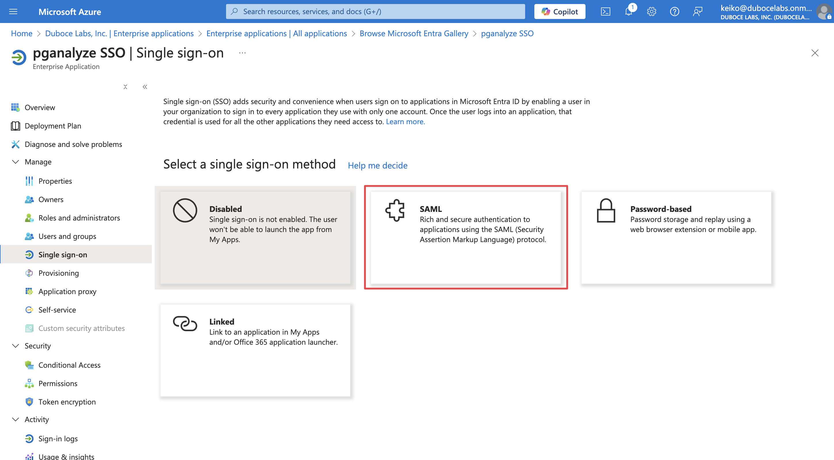 Screenshot of Setting up single sign on