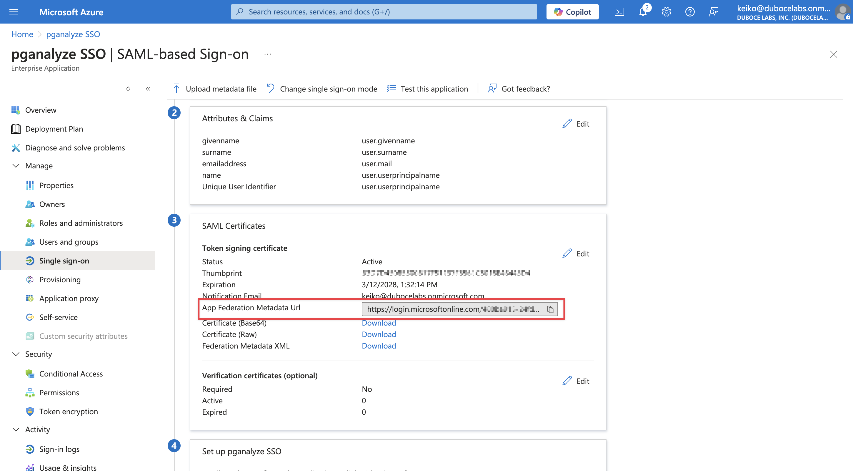 Screenshot of App Federation Metadata Url field