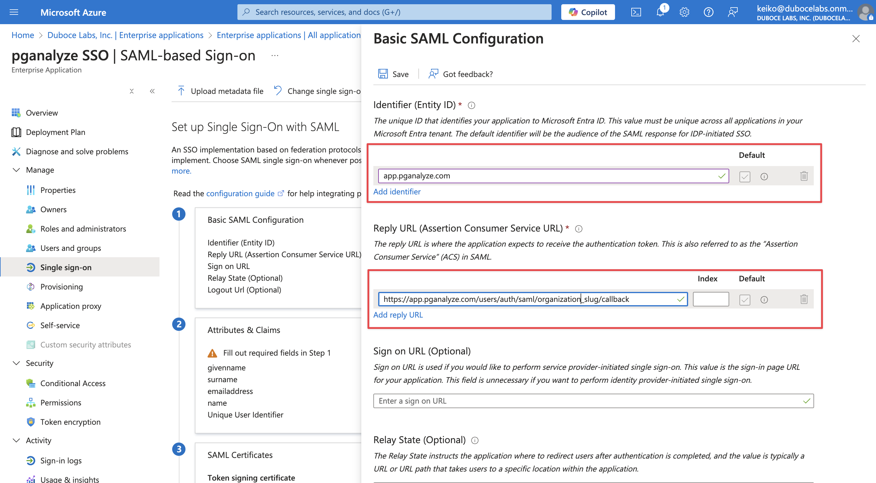 Screenshot of Basic SAML Configuration