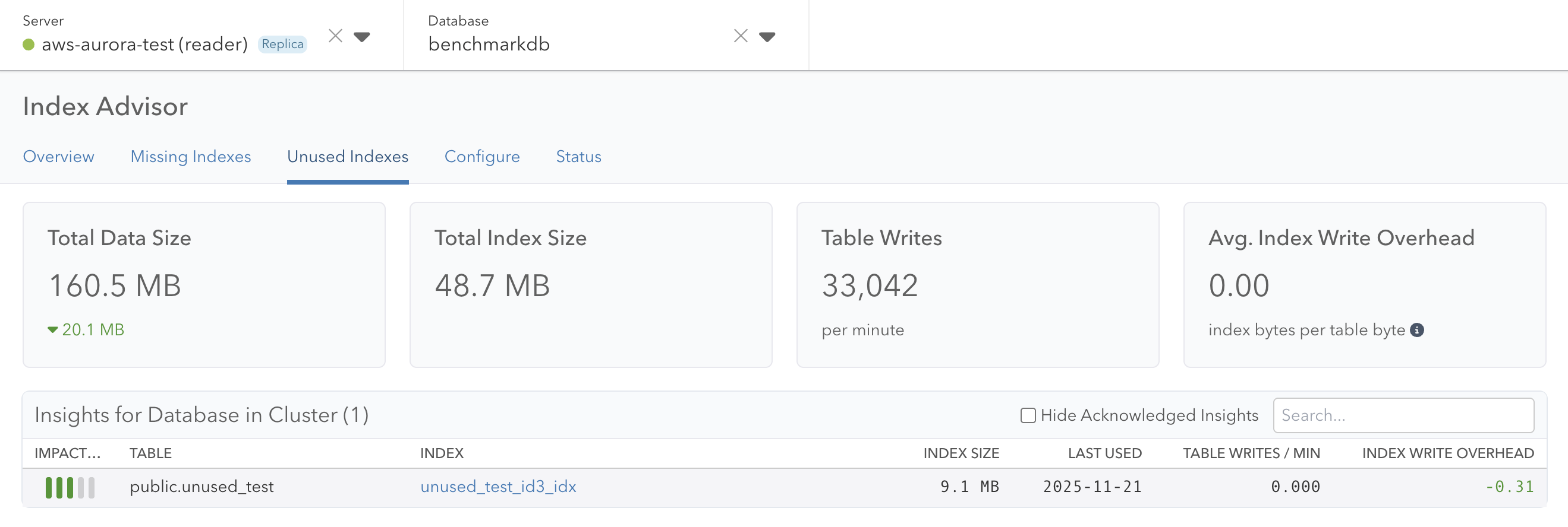 Screenshot of pganalyze Index Advisor Unused Index Insights