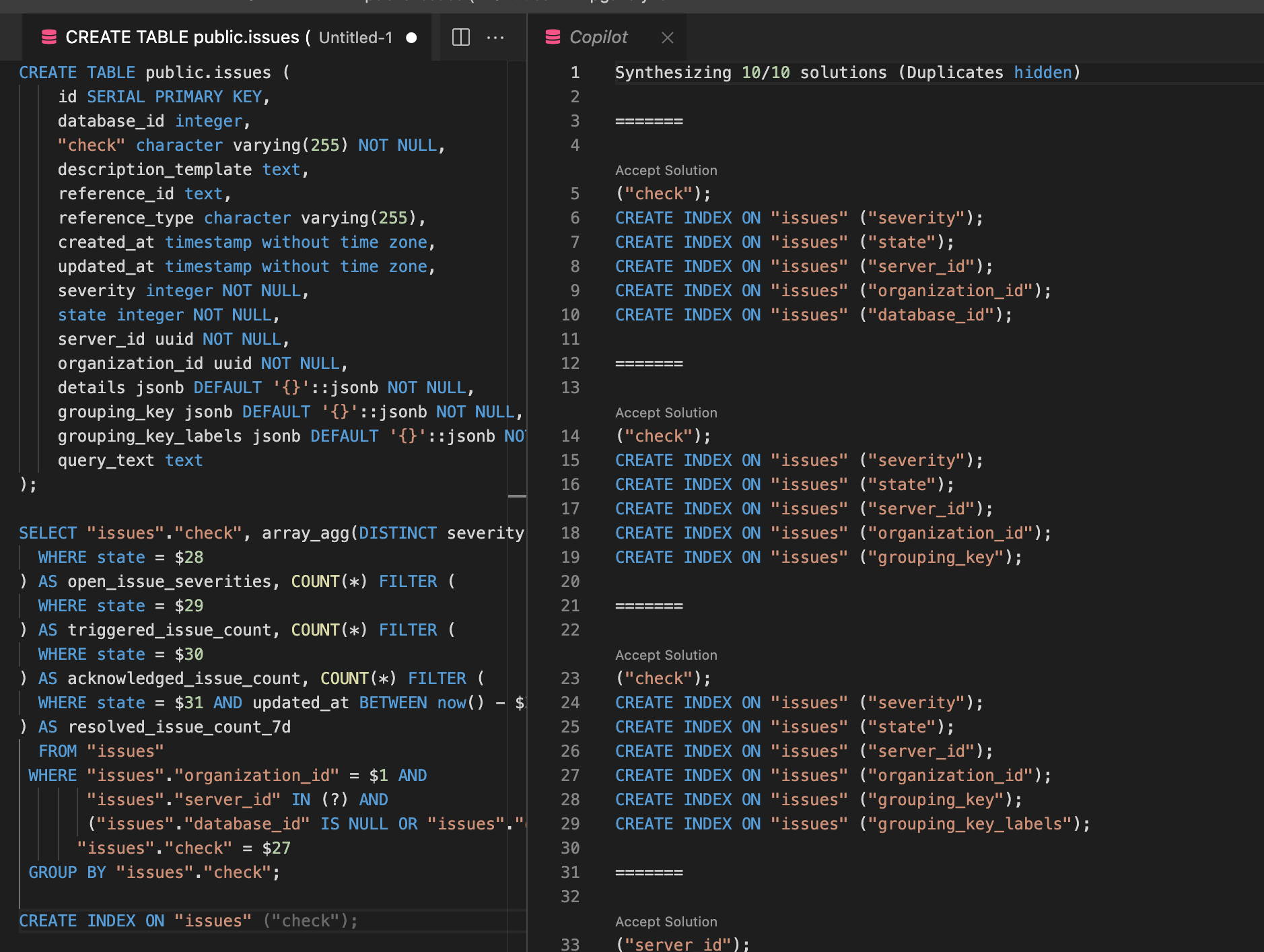 Screenshot of GitHub CoPilot trying to recommend an index