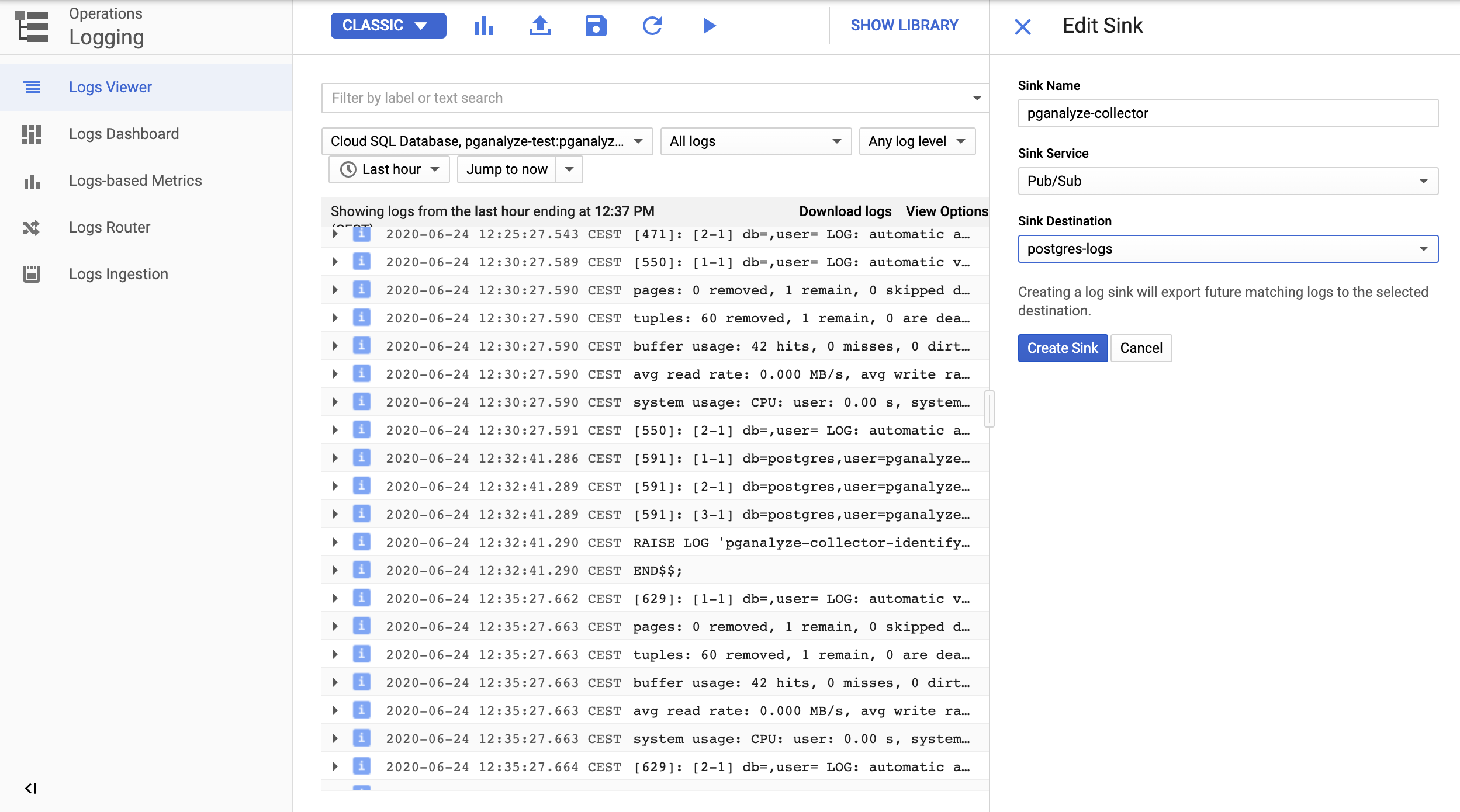 Screenshot of creating a log sink in Google Cloud Console