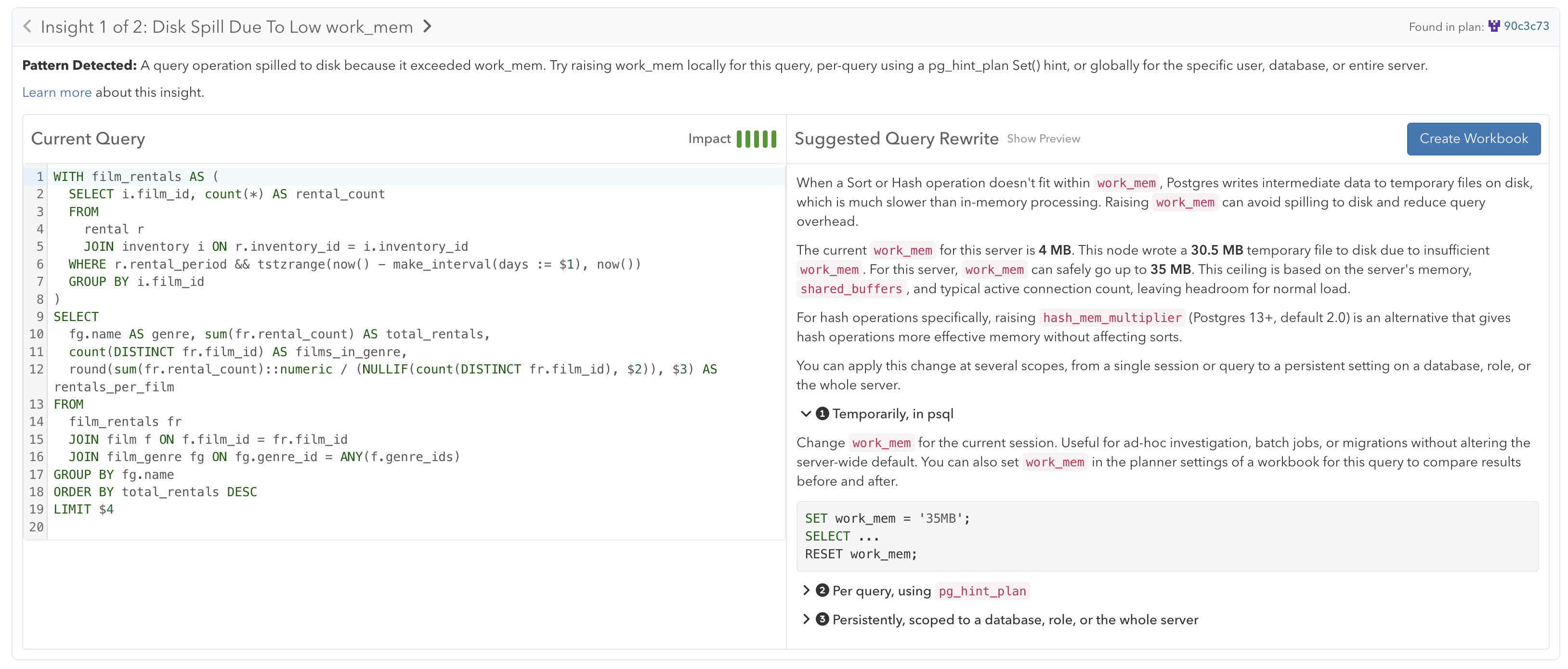 Query Advisor insight for work_mem