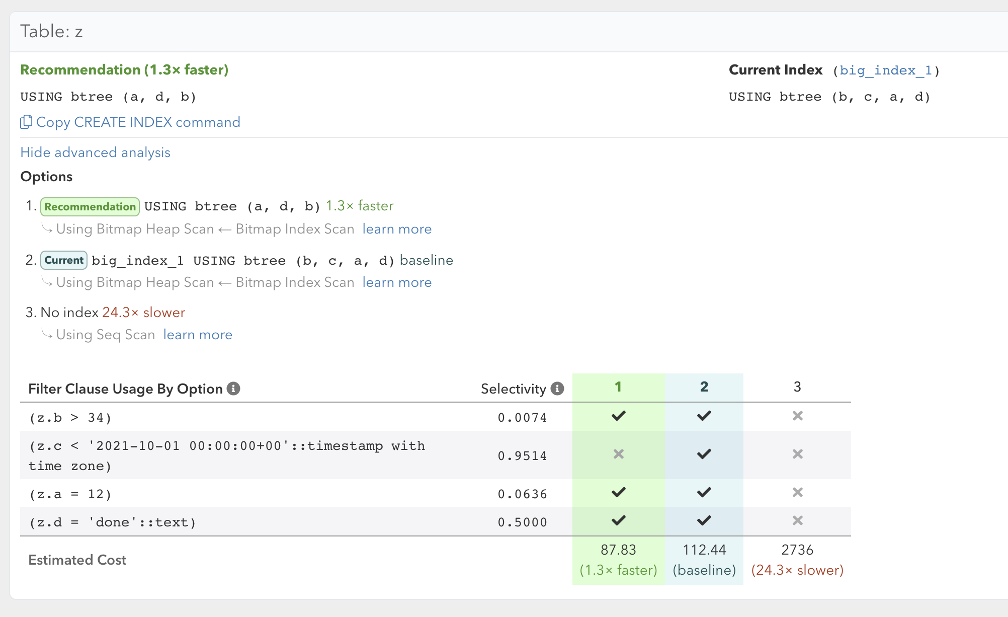 Example result based on clause selectivity