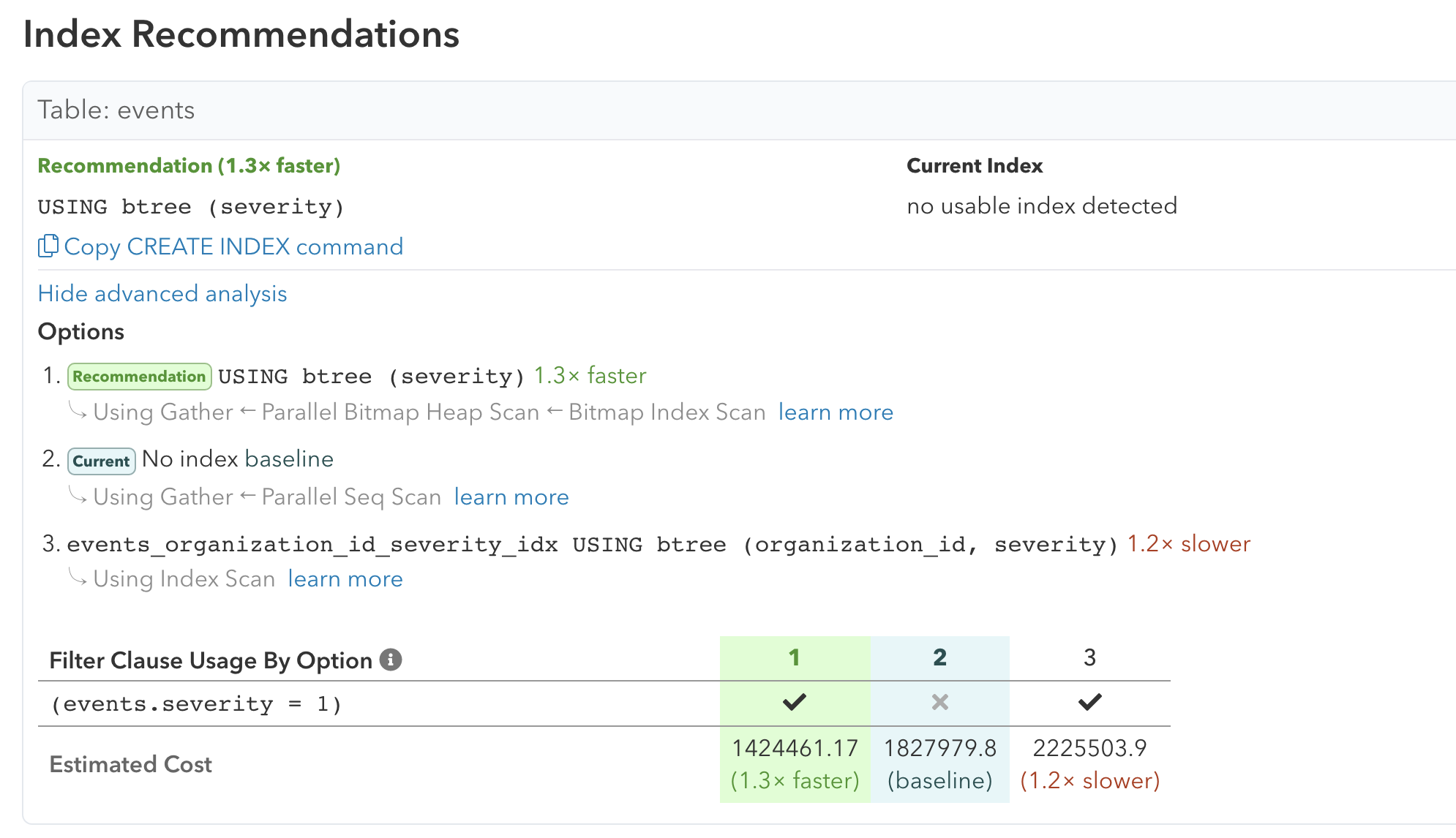 Example of an existing index comparison in pganalyze Index Advisor