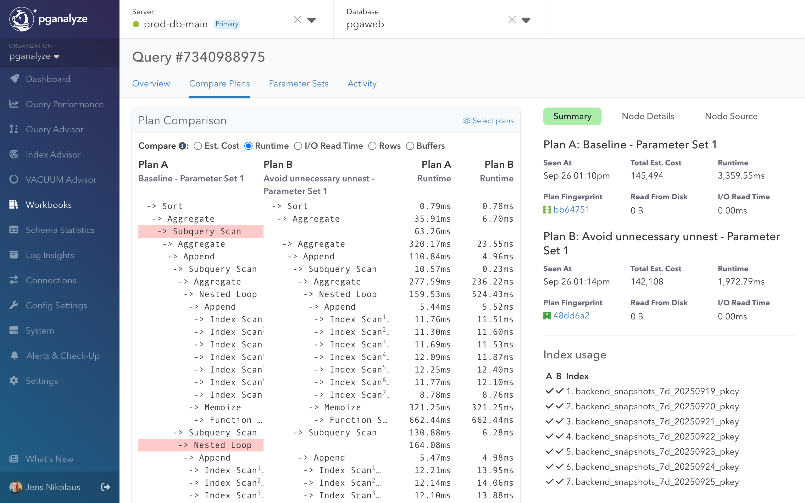 Screenshot of Plan Comparison view