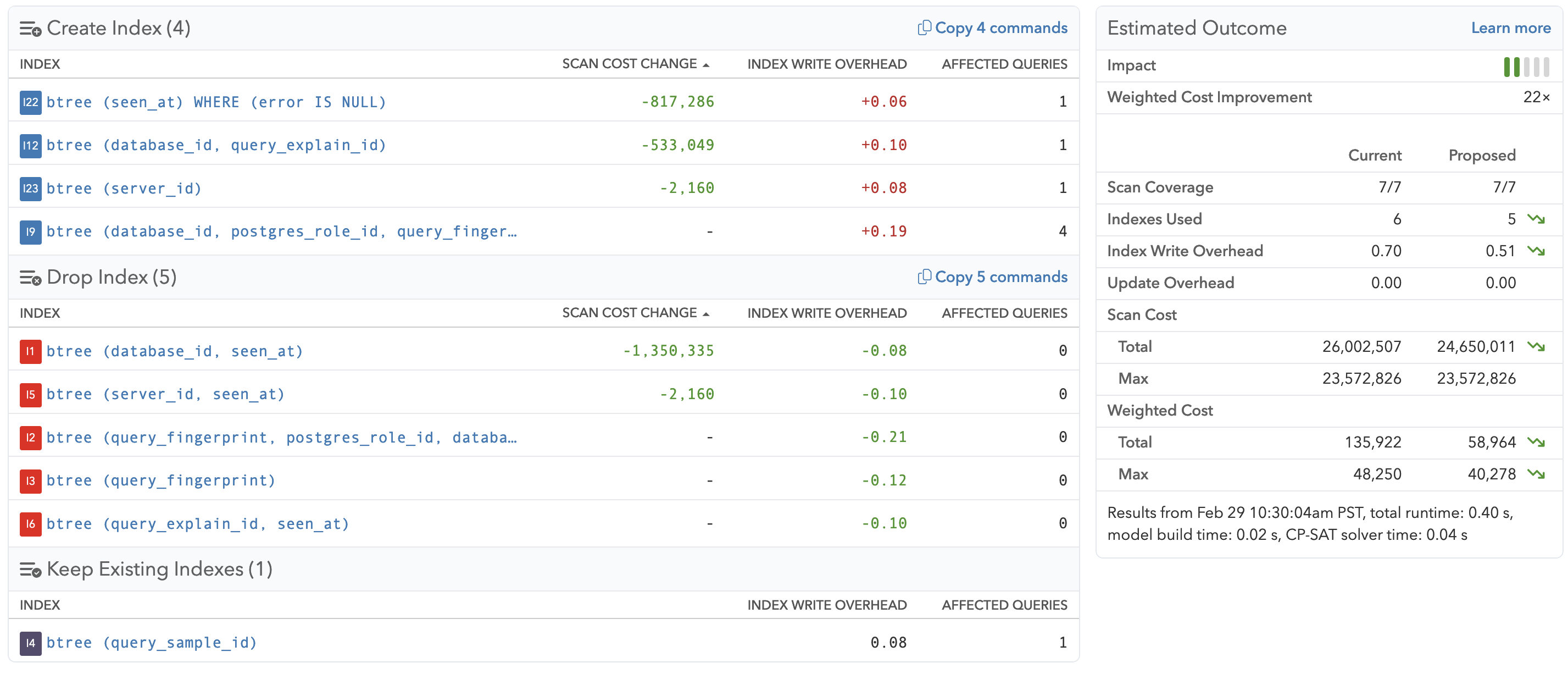 Screenshot of Index Advisor drop index recommendations