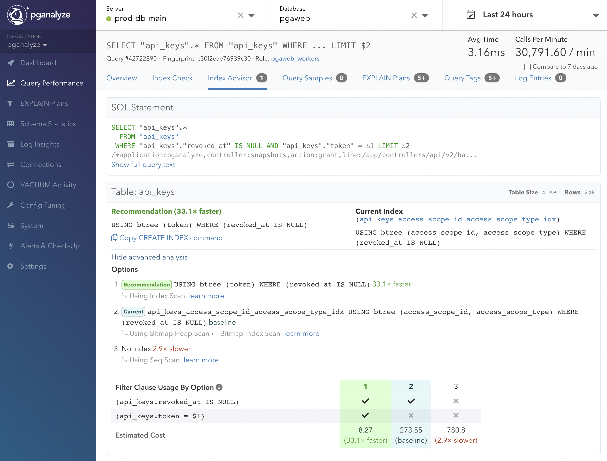 In-app screenshot of pganalyze Index Advisor