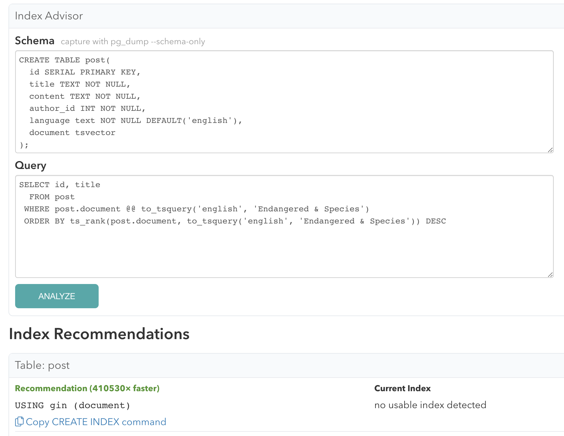 pganalyze Index Advisor example with GIN index recommendation