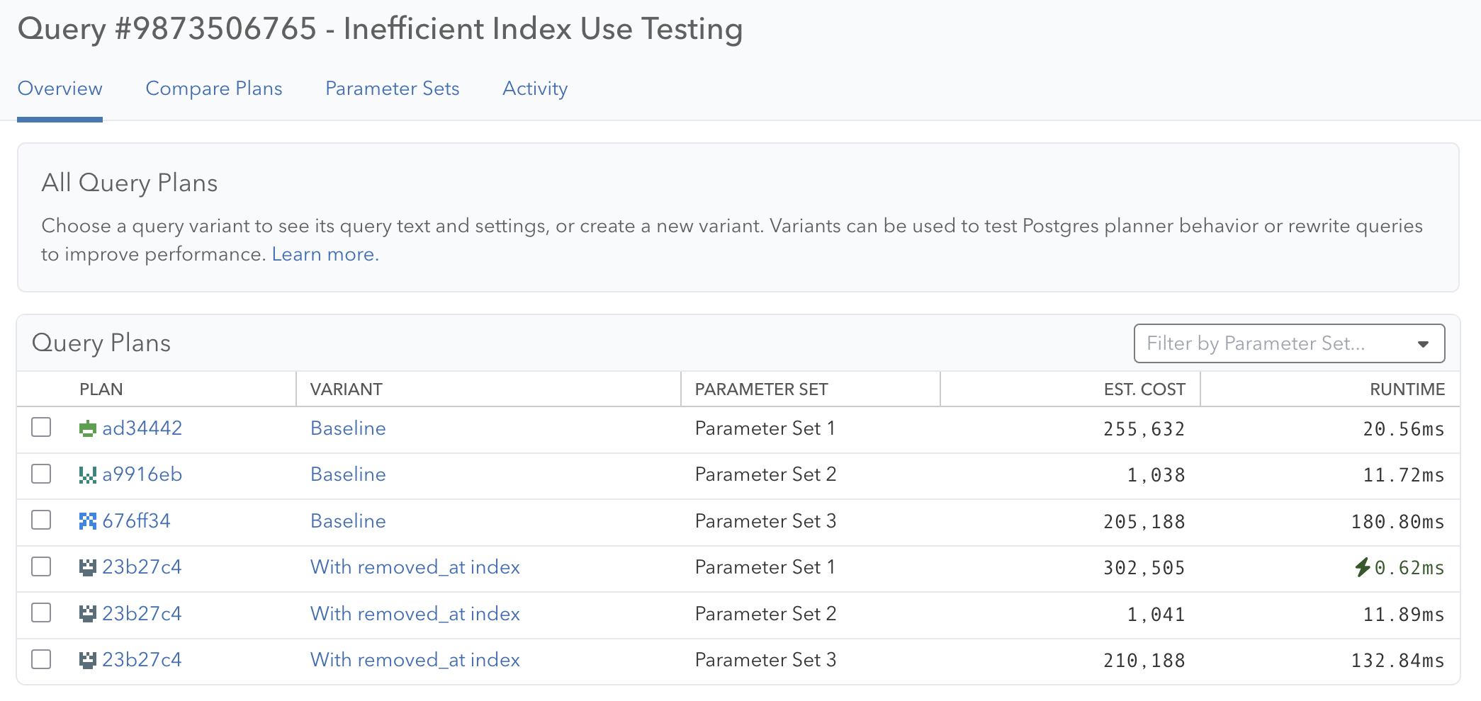 Workbook test for alternate index based on Query Advisor insight