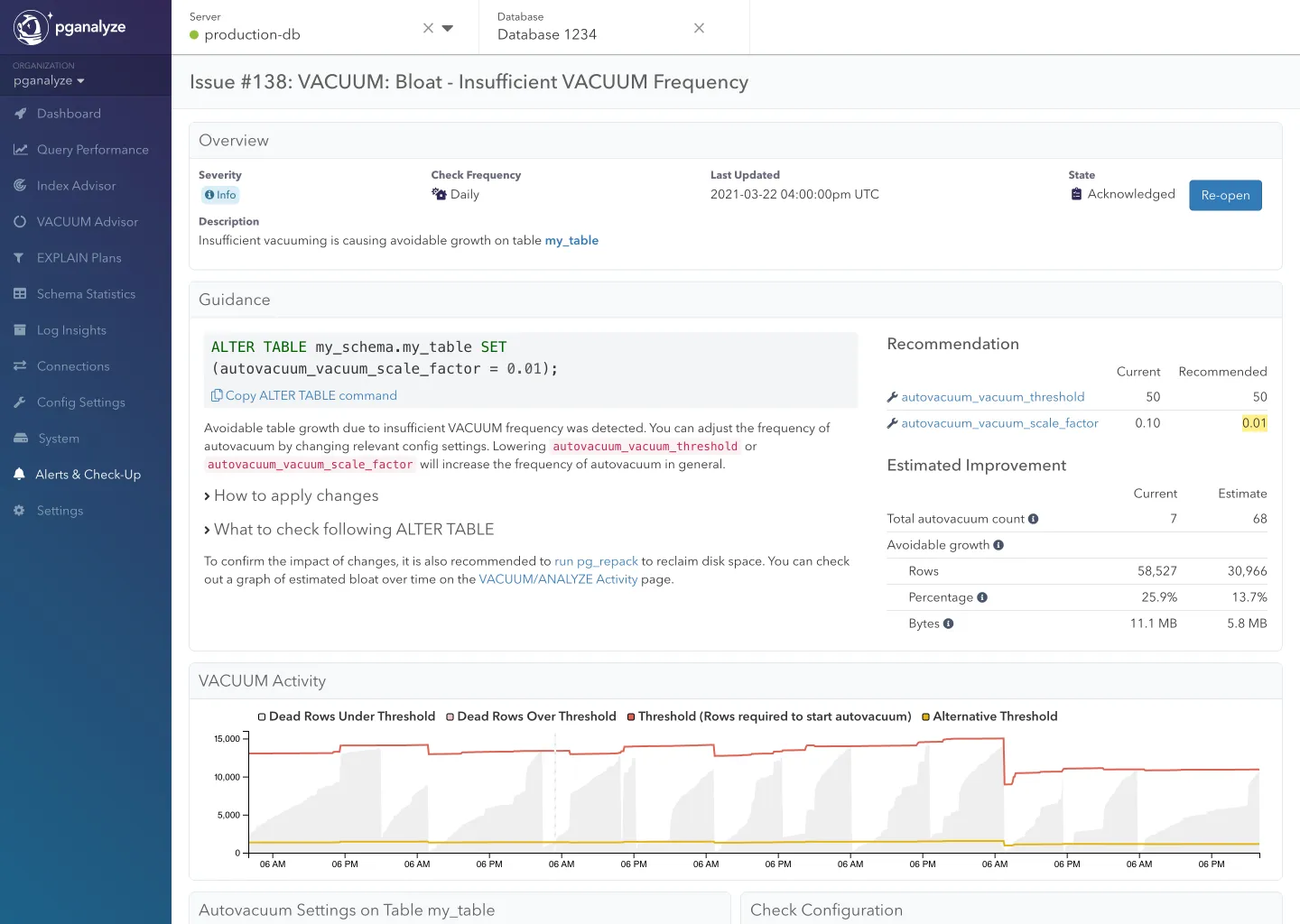 Screenshot of Insufficient VACUUM Frequency insight in pganalyze