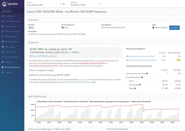 Screenshot of pganalyze Insufficient VACUUM Frequency Insight