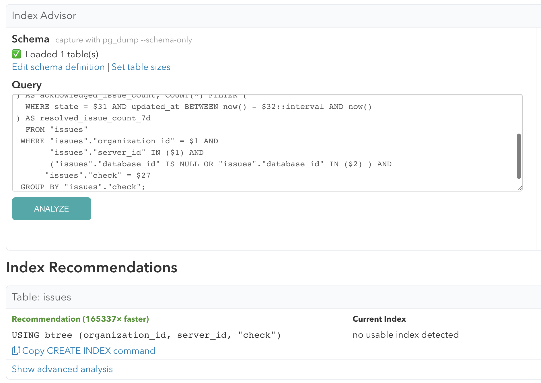 pganalyze Index Advisor Example showing better recommendation than GitHub CoPilot
