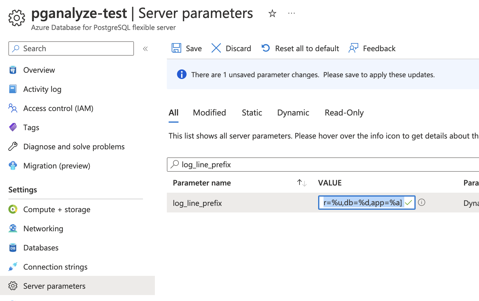 Screenshot of changing log_line_prefix setting in Azure Portal