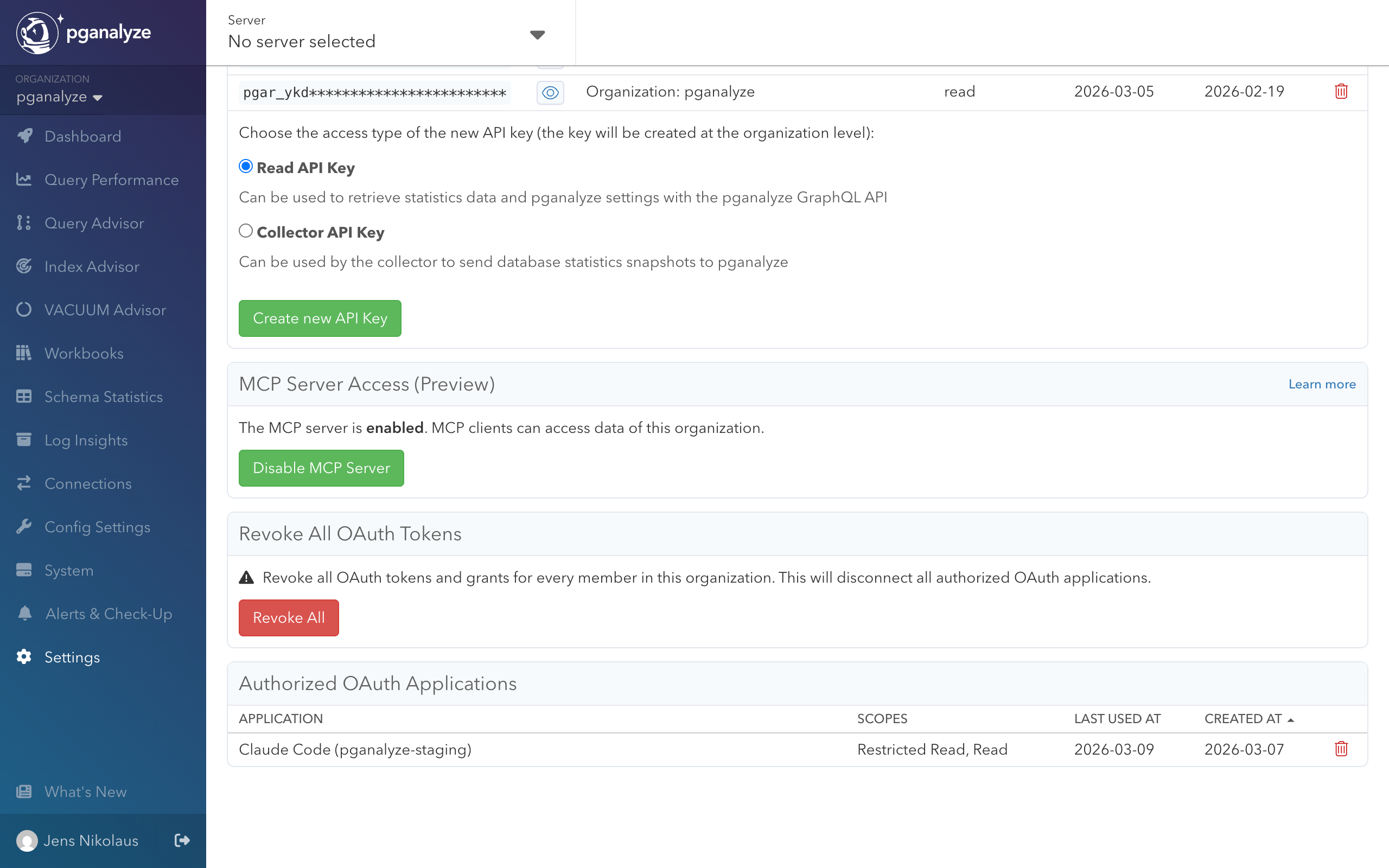MCP Server Access section in the organization API Access settings, showing an Enable/Disable MCP Server button