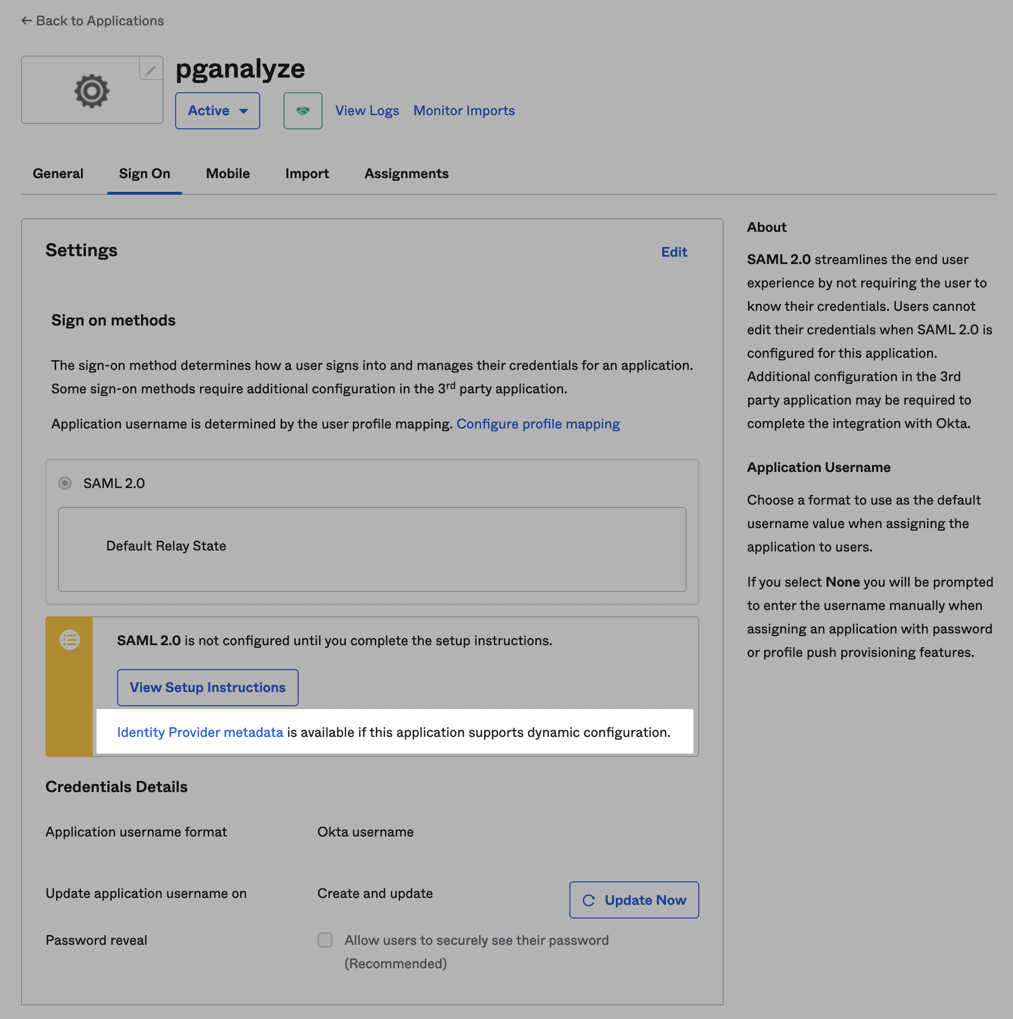 Screenshot of Okta application Sign On tab showing the Identity Provider metadata link