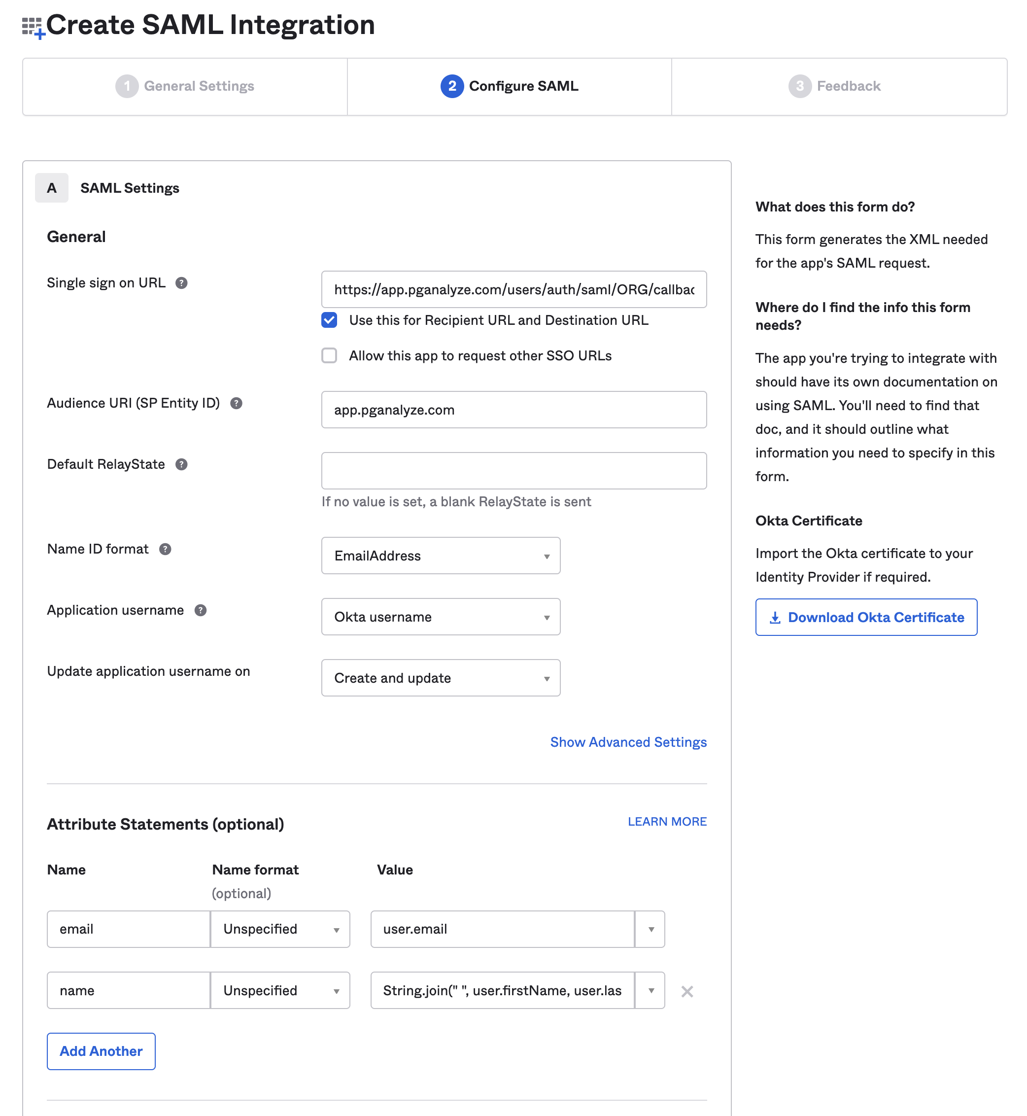Screenshot of Configure SAML step