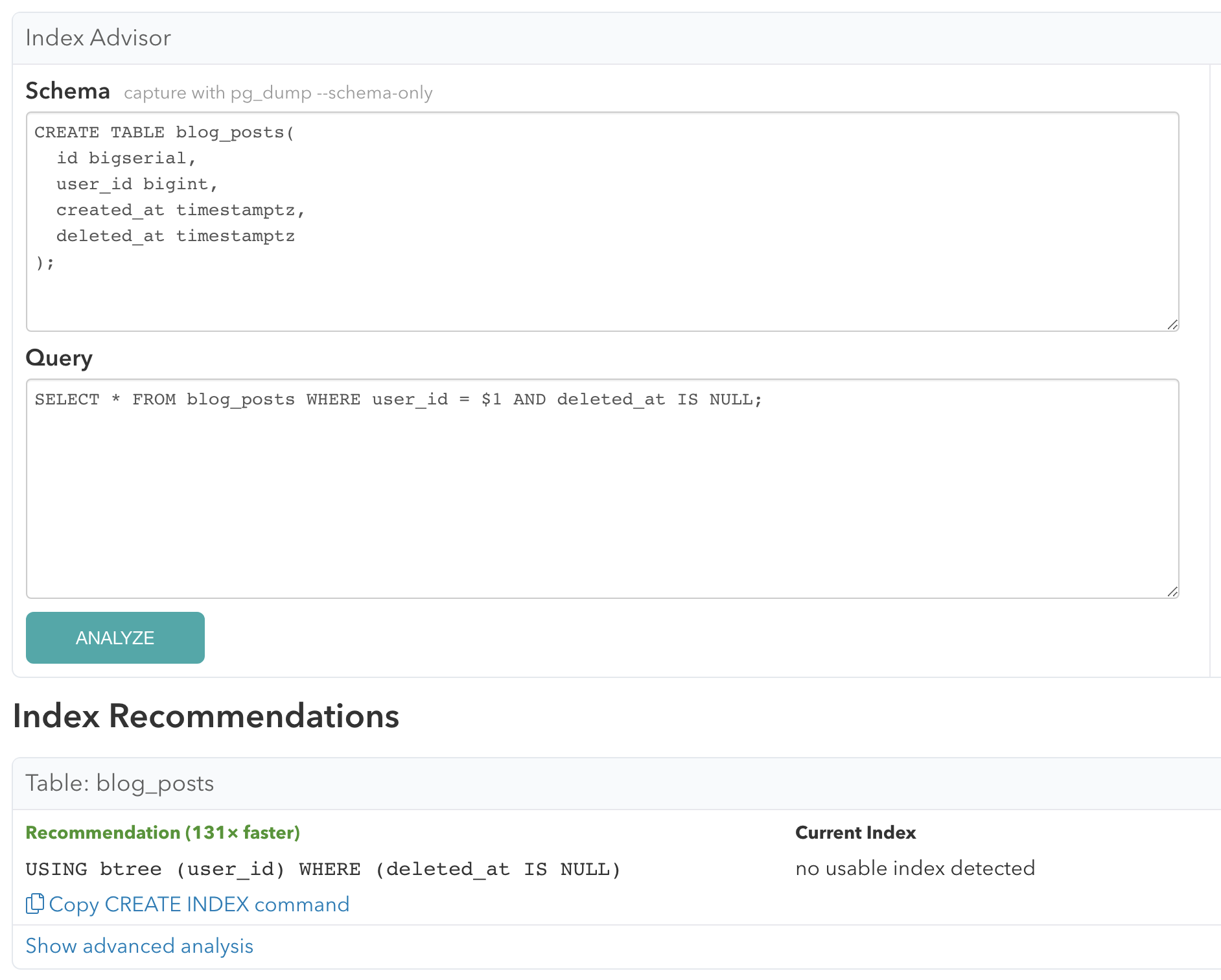 Example of a partial index in pganalyze Index Advisor