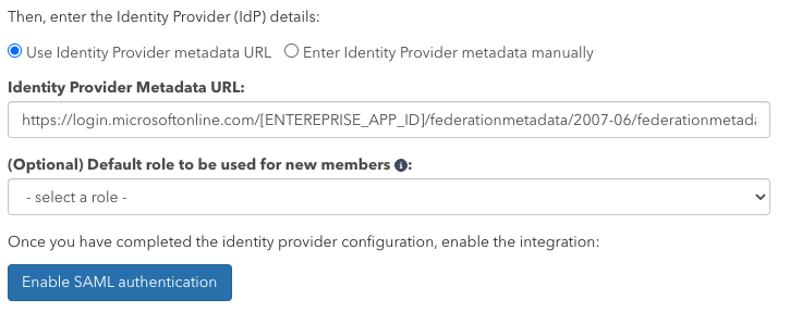 Screenshot of pganalyze SAML integration page showing Okta IDP metadata URL