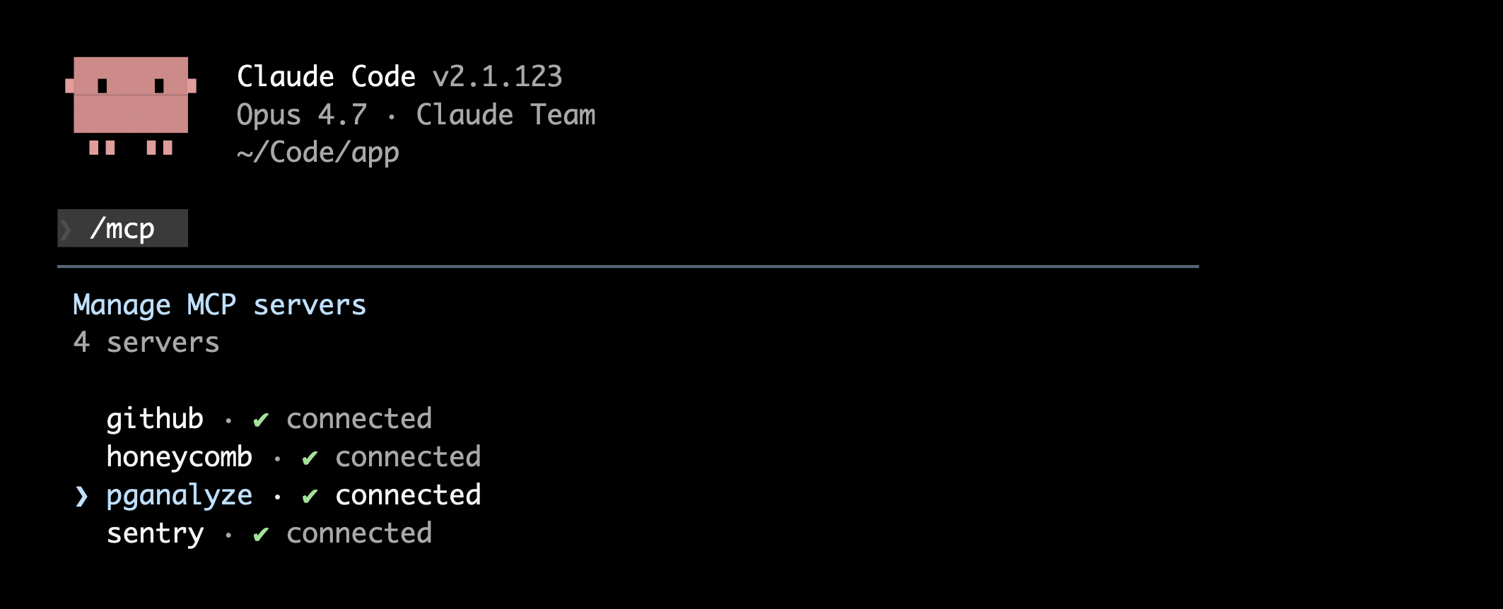 Screenshot of Claude Code's /mcp panel showing pganalyze connected