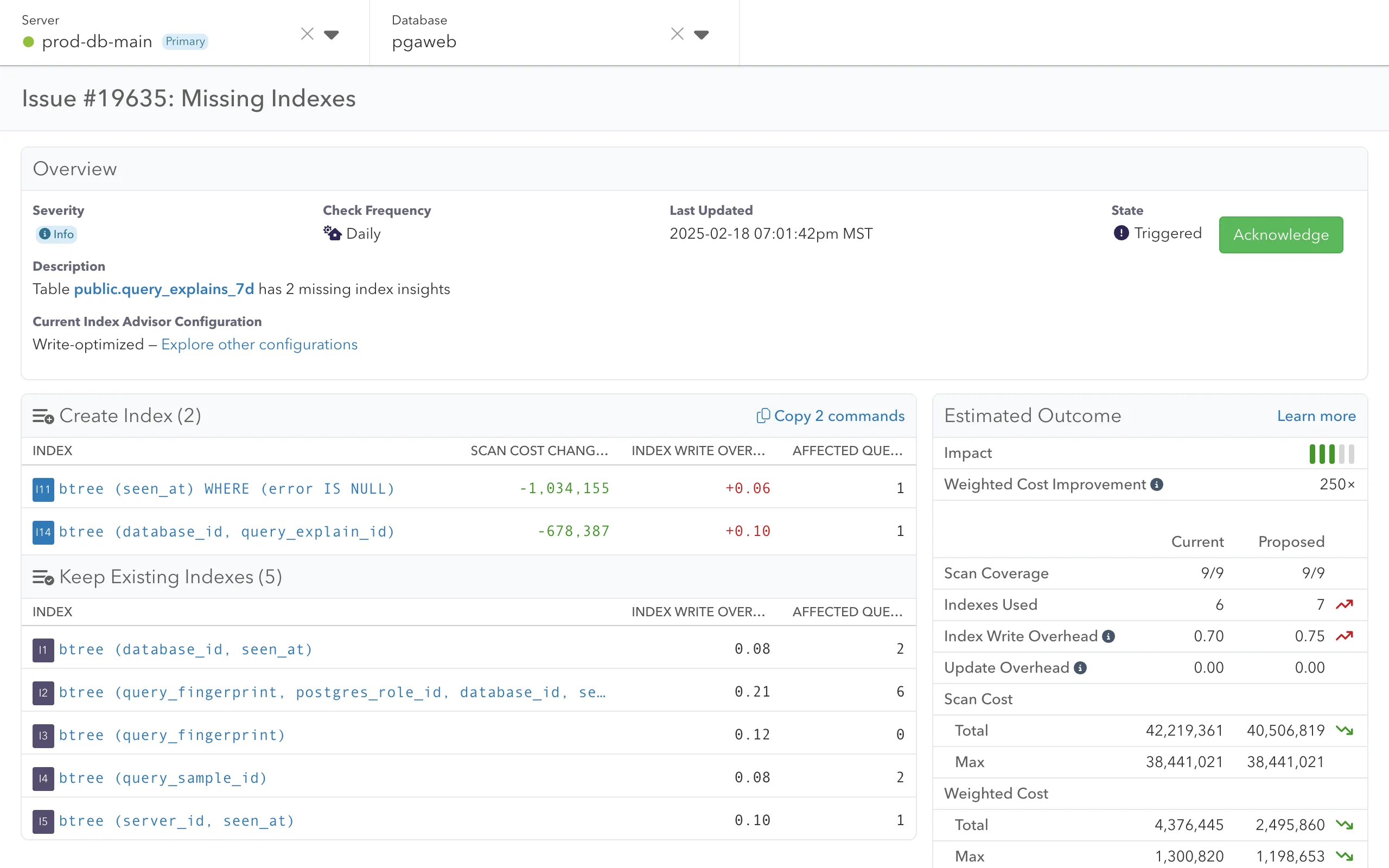 Screenshot of pganalyze Index Advisor Index Recommendation