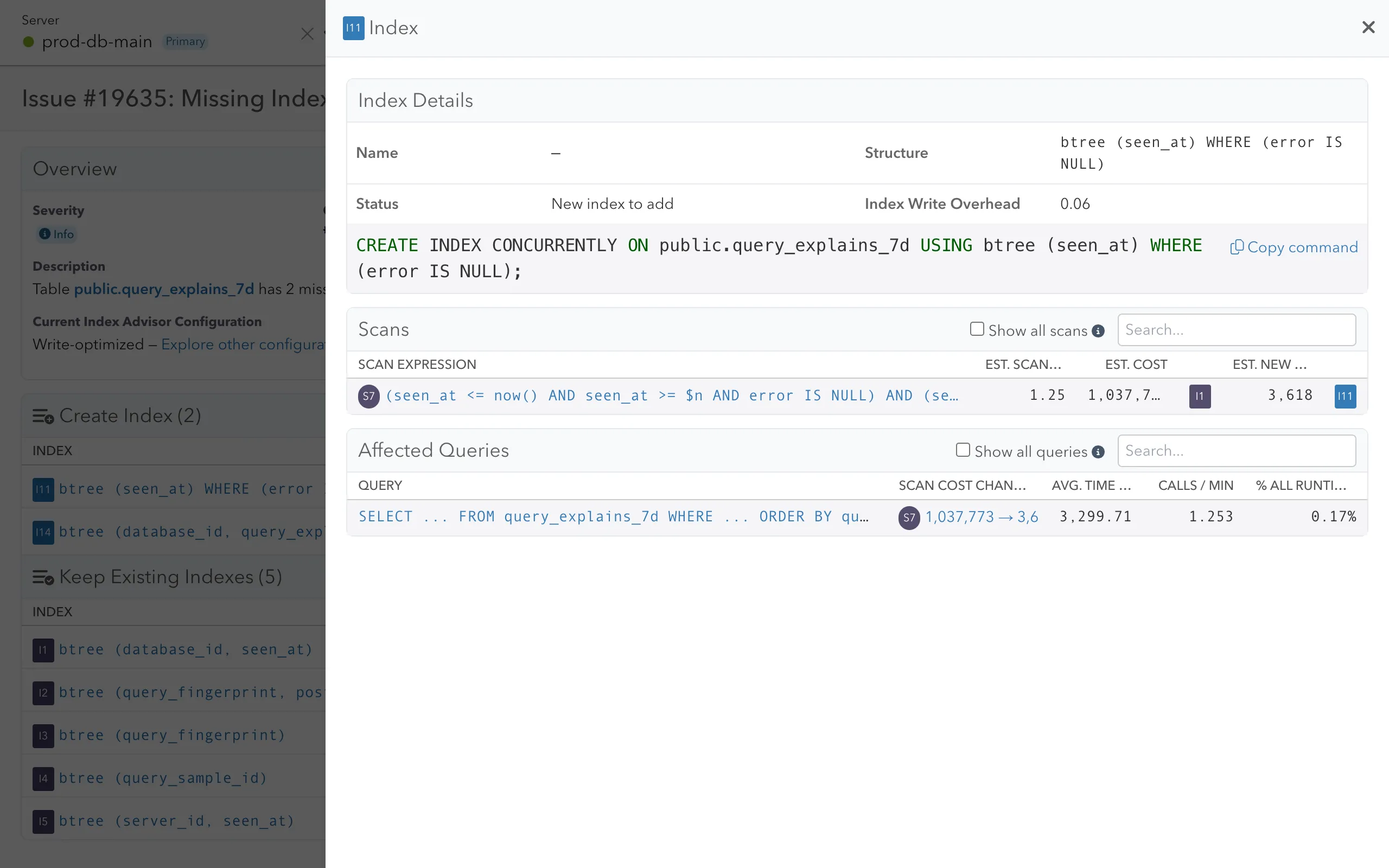 Screenshot of pganalyze Index Advisor CREATE Index copy button
