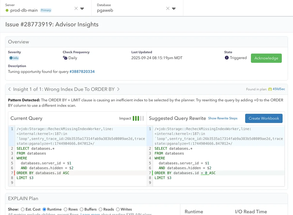 Screenshot of pganalyze Query Advisor insight