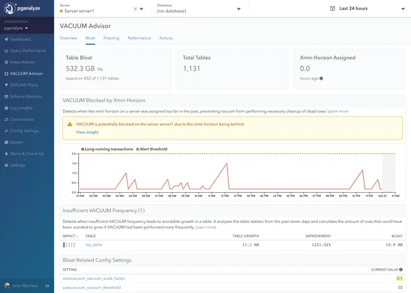 Screenshot of pganalyze VACUUM Advisor Bloat Recommendations