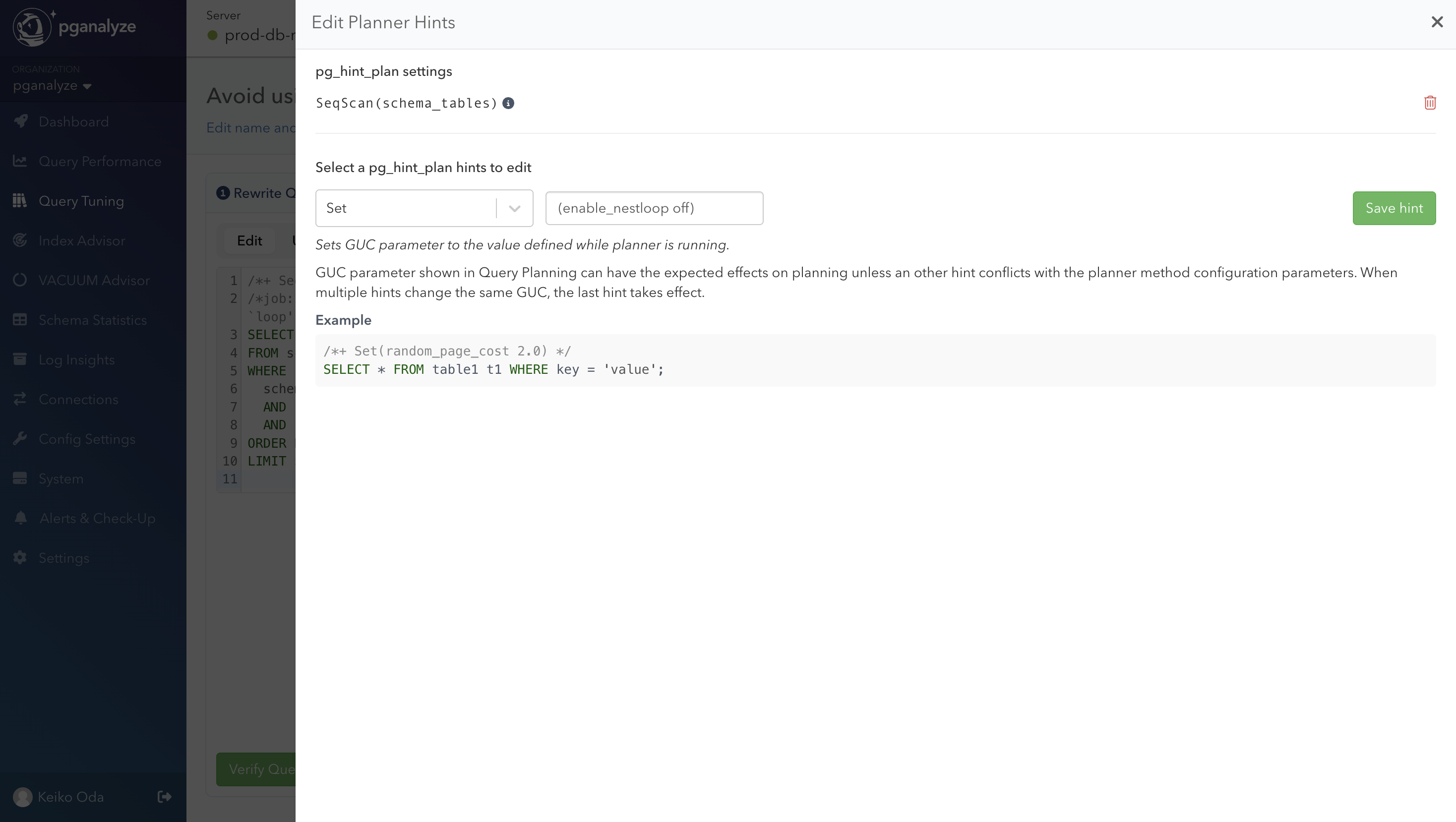 Screenshot of Edit Planner Hints