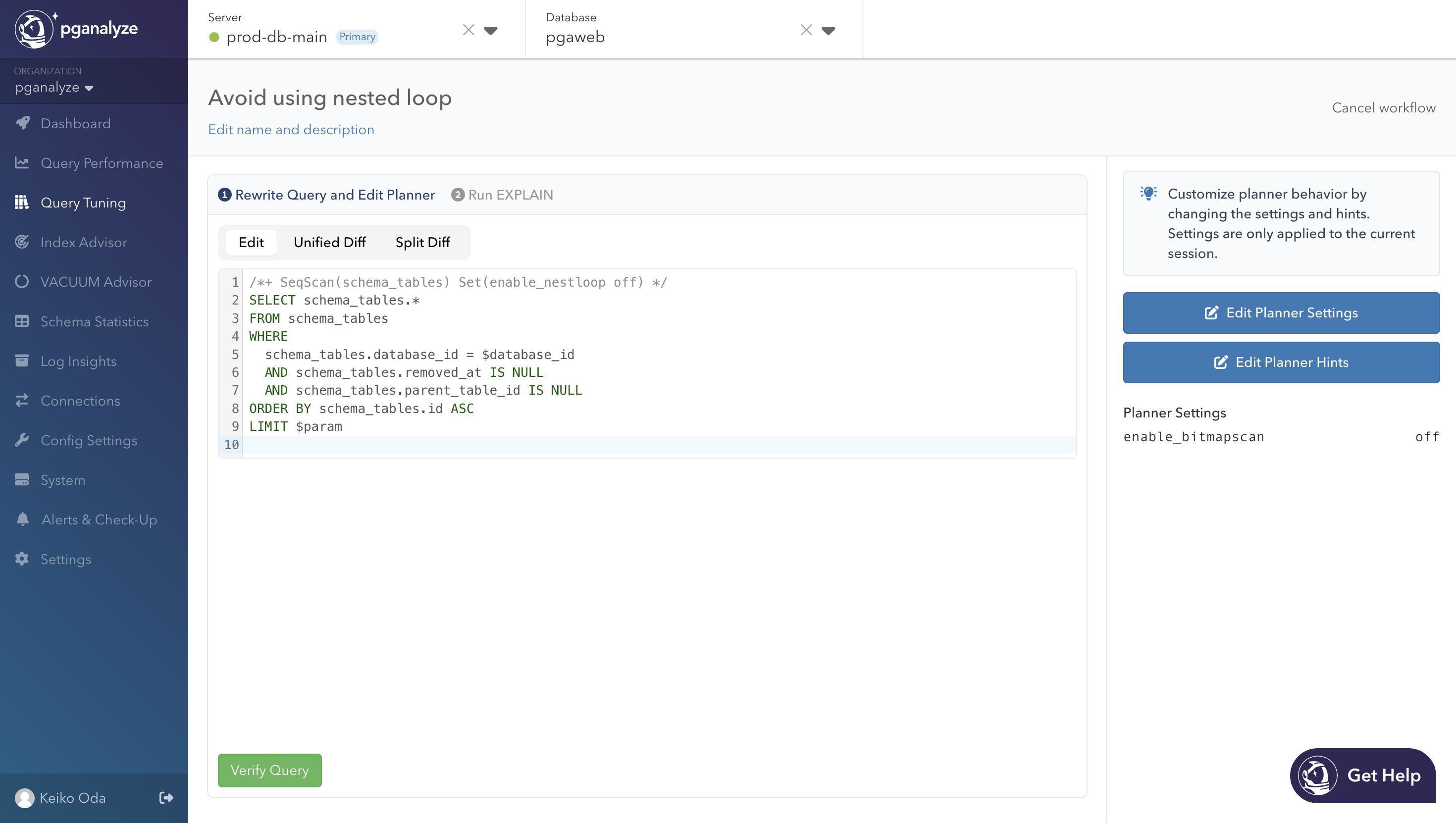 Screenshot of Planner Settings and Hints