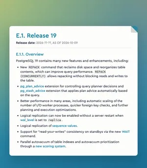 Postgres 19 release notes excerpt