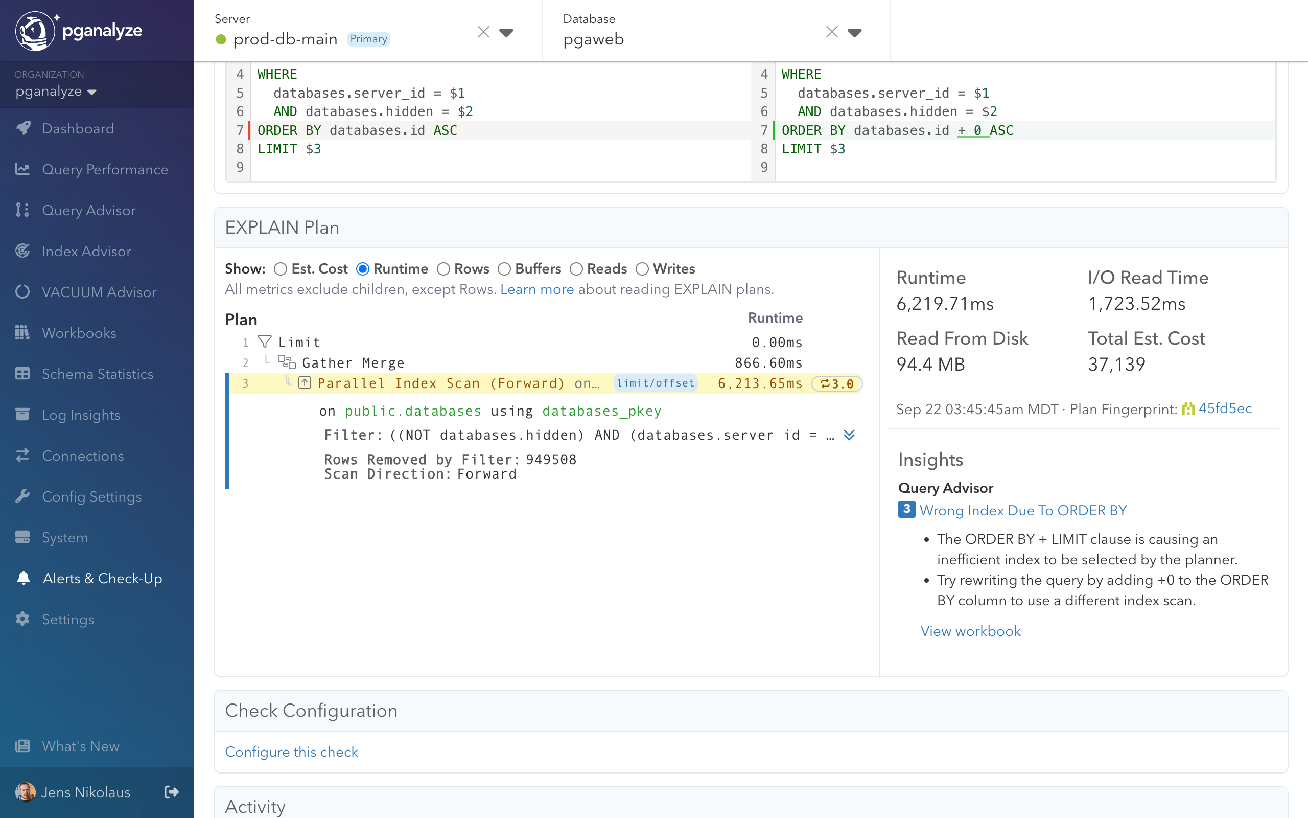 EXPLAIN Plan panel showing execution plan visualization with highlighted optimization opportunities and bottlenecks