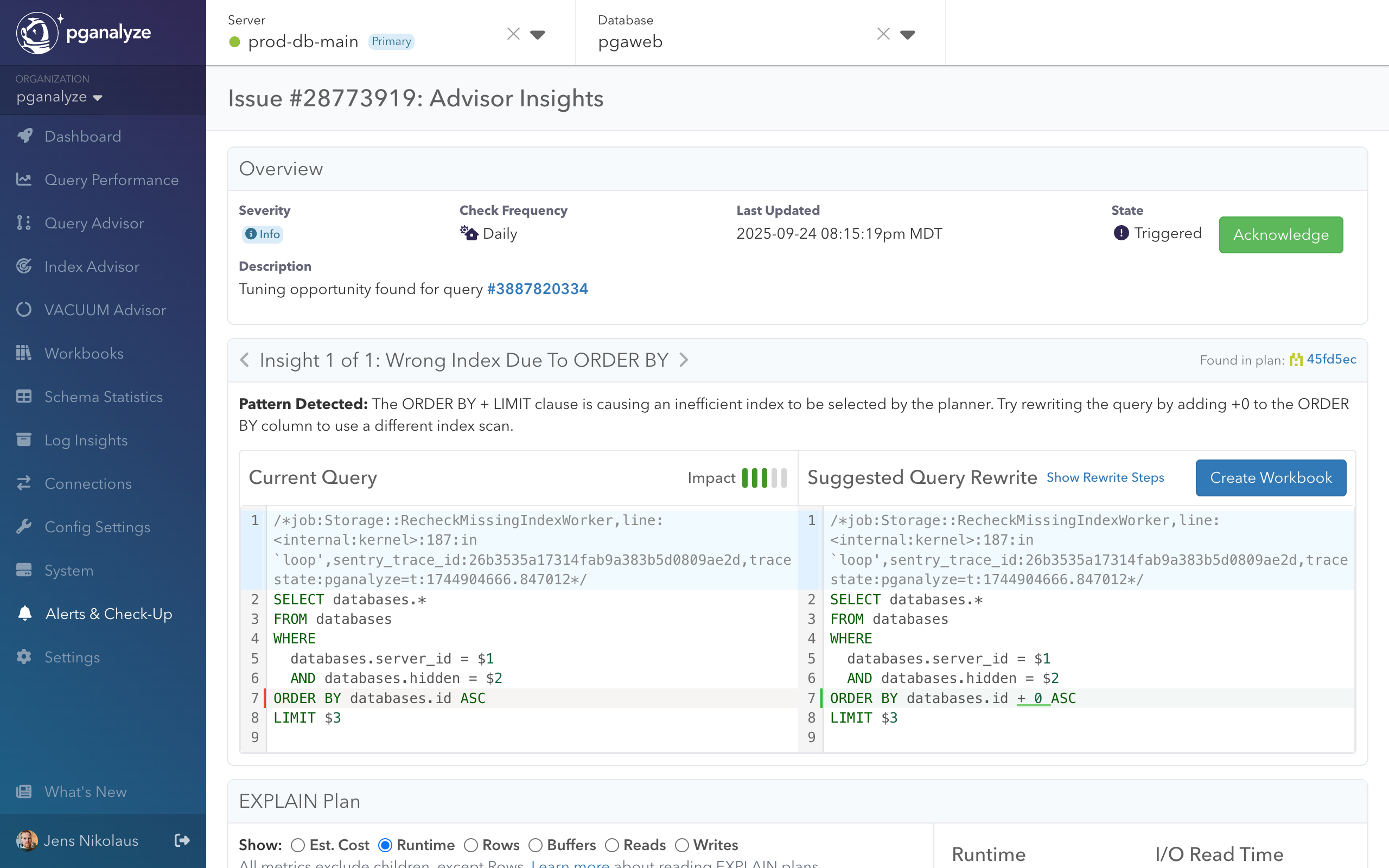 Issue page for Query Advisor Insight