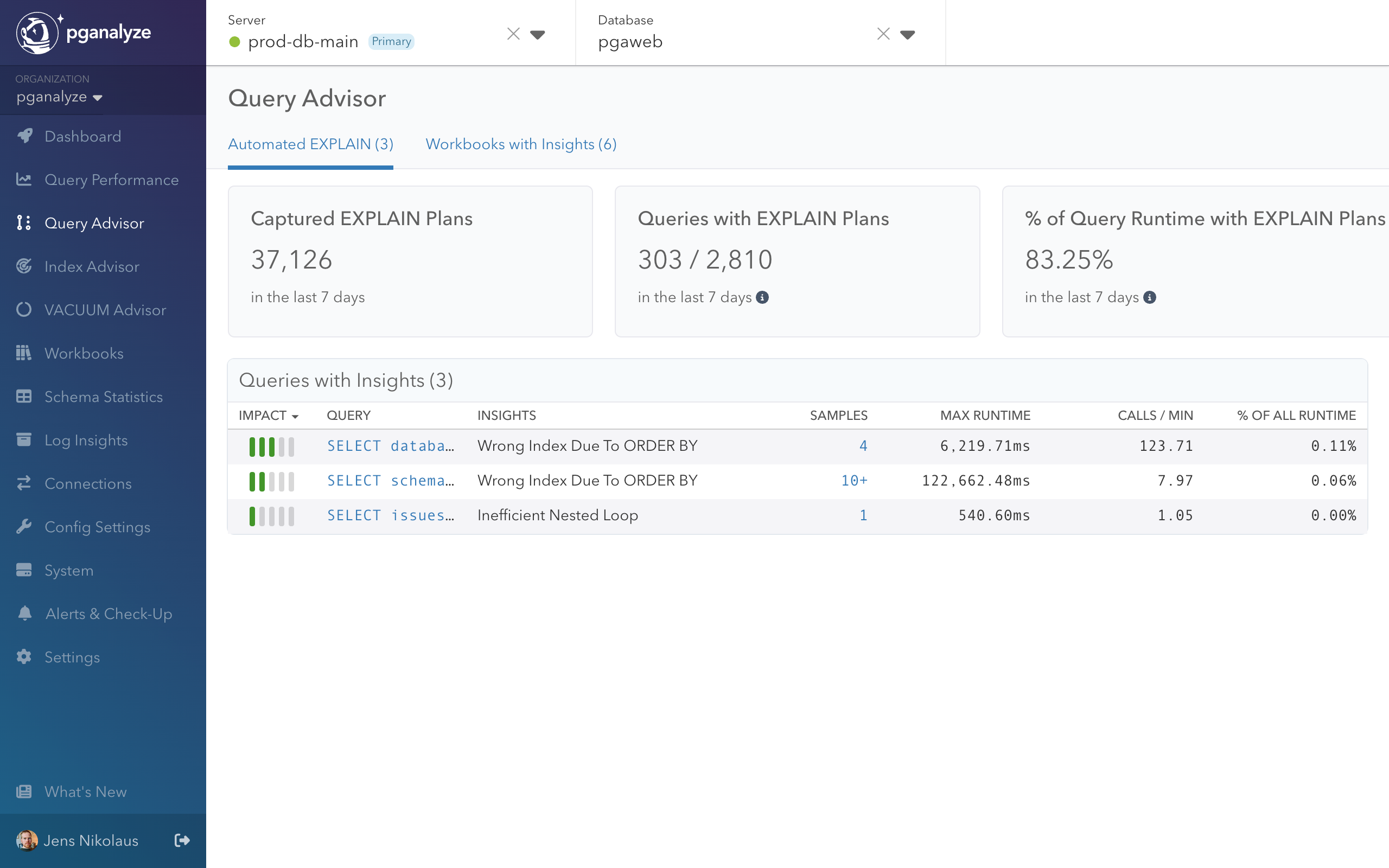 Query Advisor landing page showing automated EXPLAIN plan analysis with detected optimization opportunities