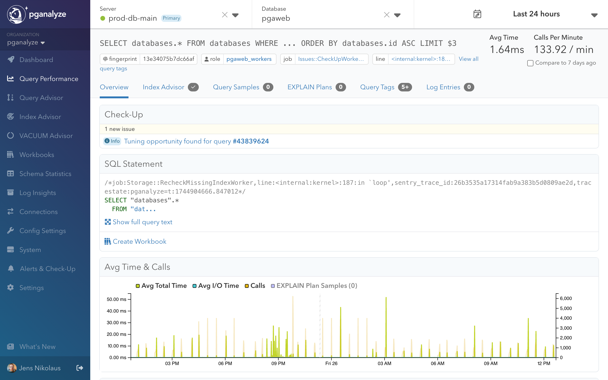 Query detail page showing Query Advisor insights integrated with performance metrics and optimization recommendations