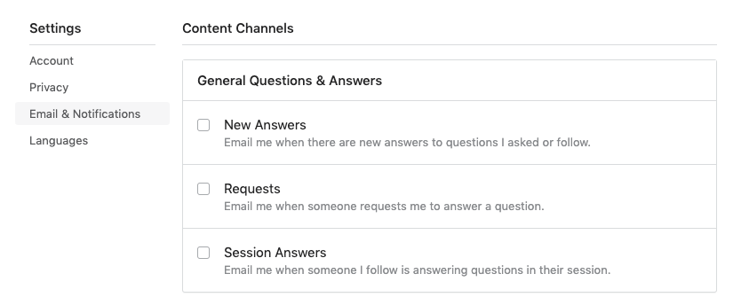 Quora's notification preferences contain dozens of options
