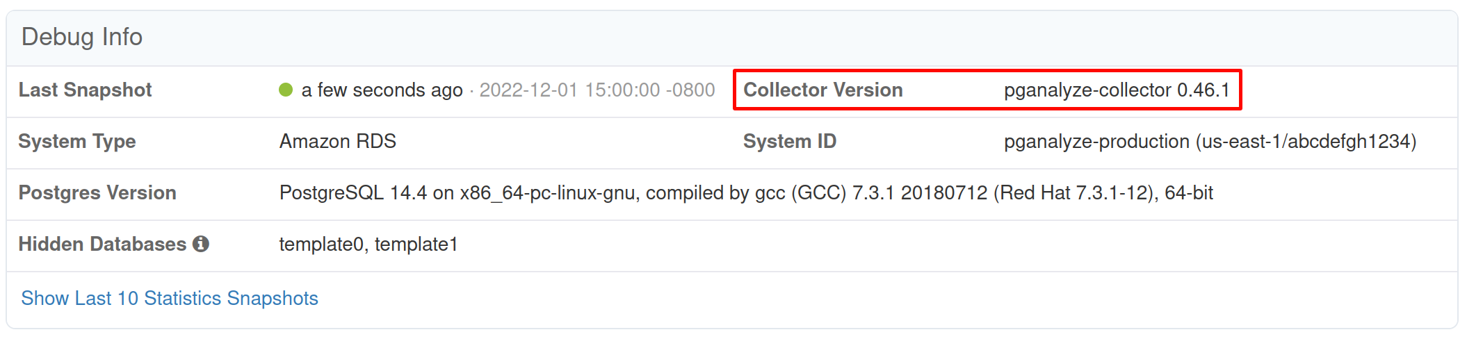 Screenshot of Debug Info panel on server Settings page, showing the pganalyze collector version