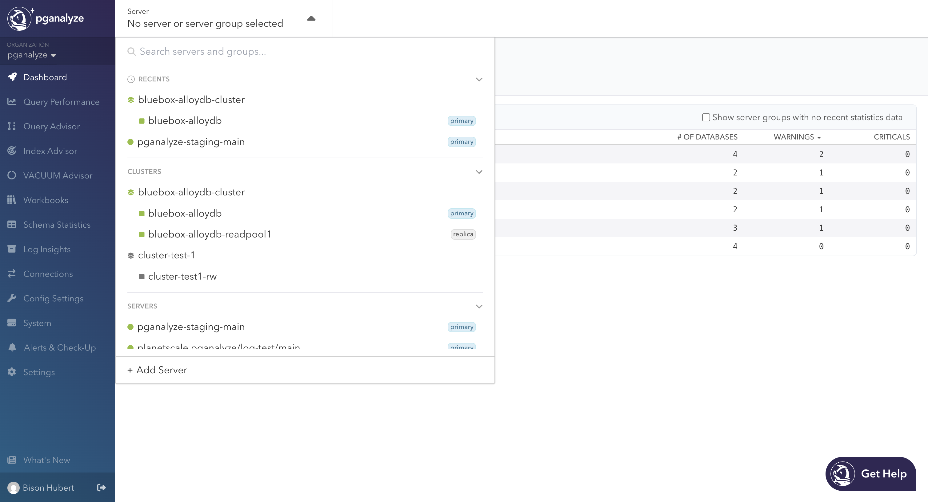 Server dropdown with clusters, primaries, and replicas