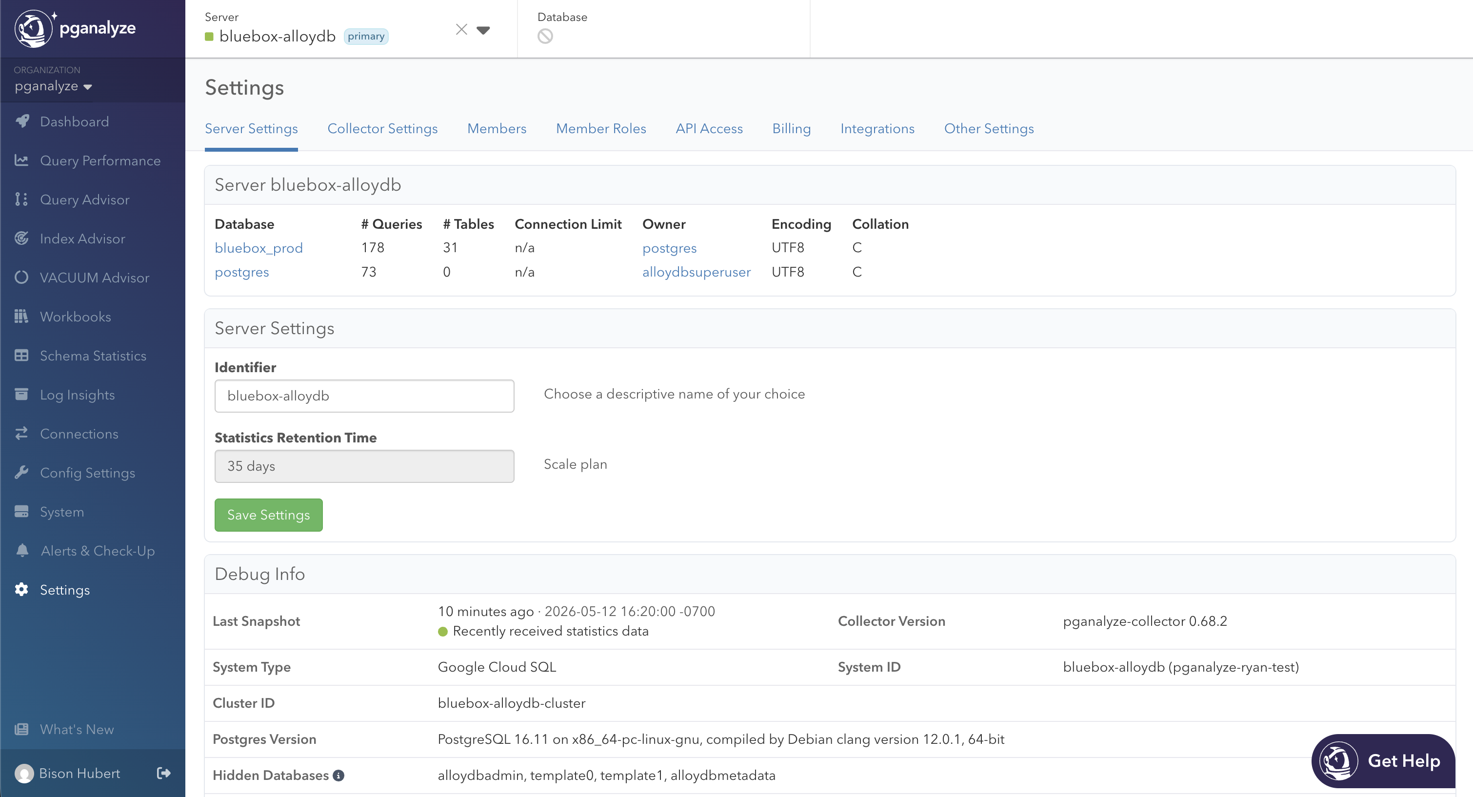 Server Settings Debug Info showing the Cluster ID