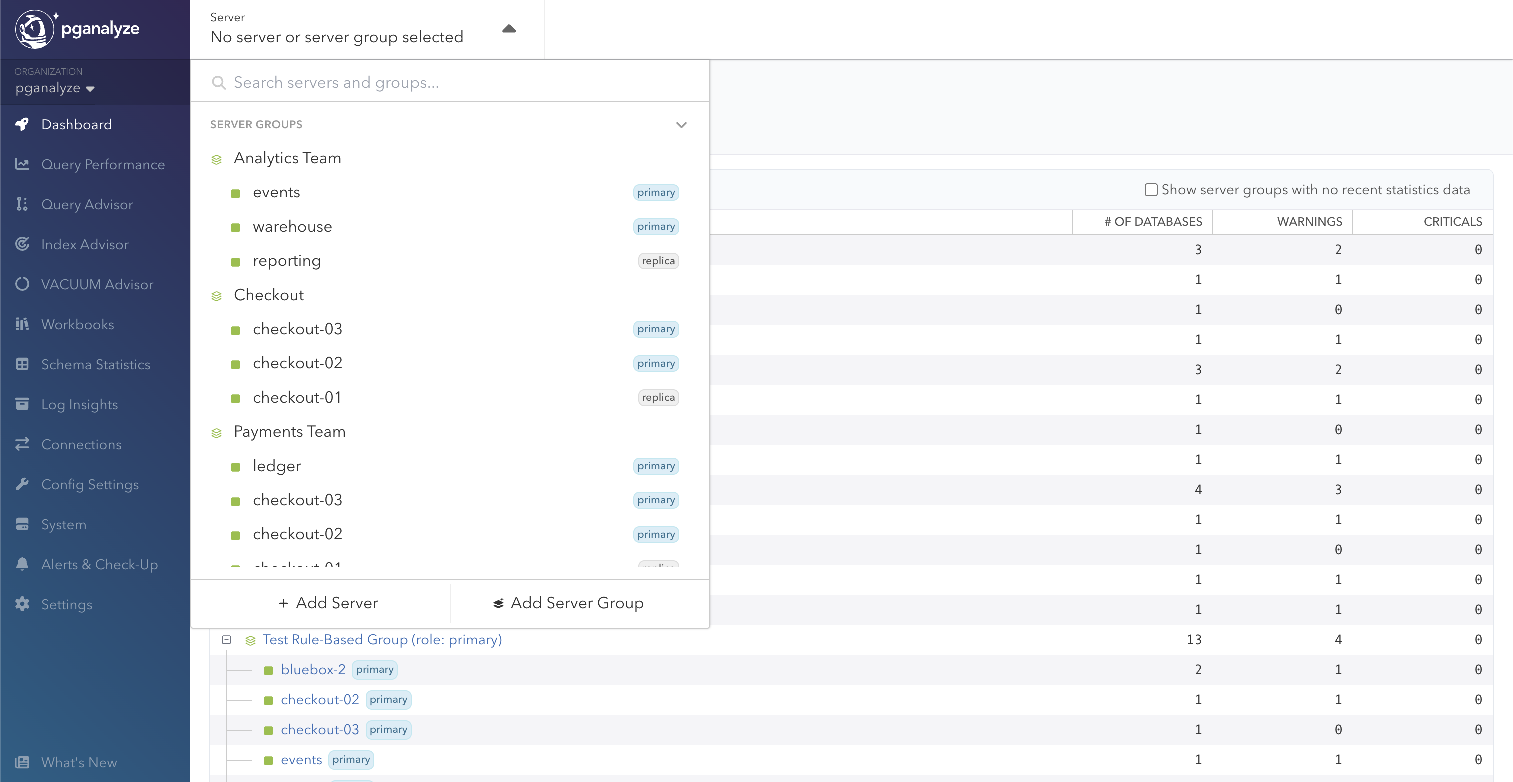 Clusters and Server Groups in the Server dropdown