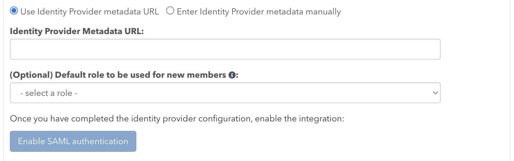 Screenshot of pganalyze SAML integration form for the IdP metadata URL