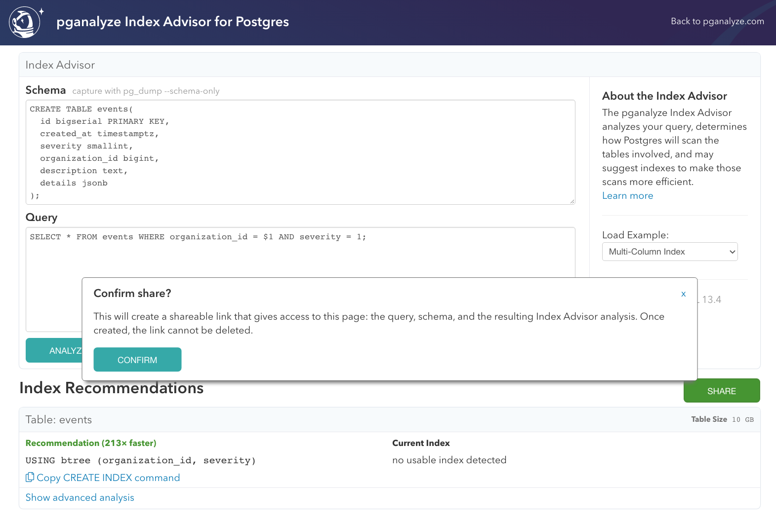 Share function of standalone pganalyze Index Advisor tool