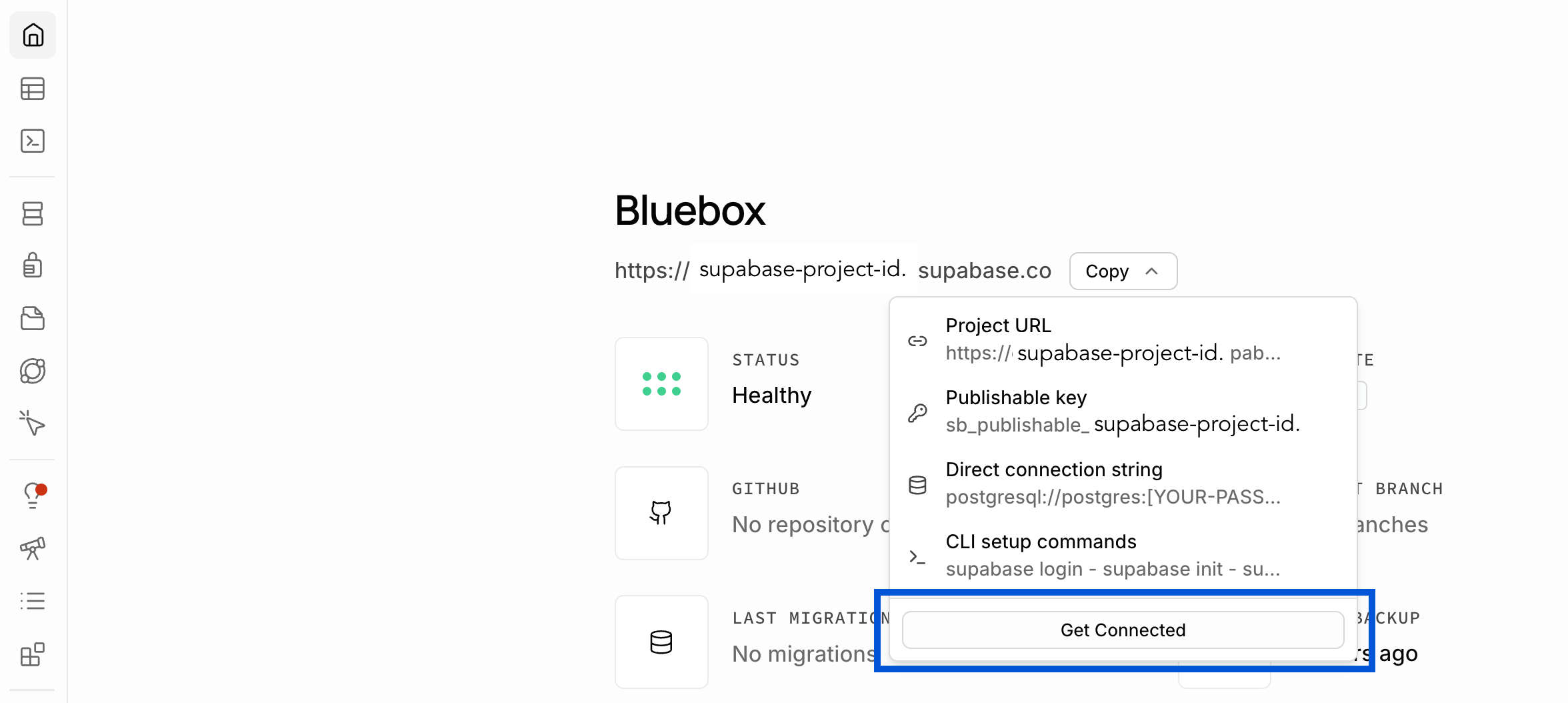 Supabase dashboard Get Connected button